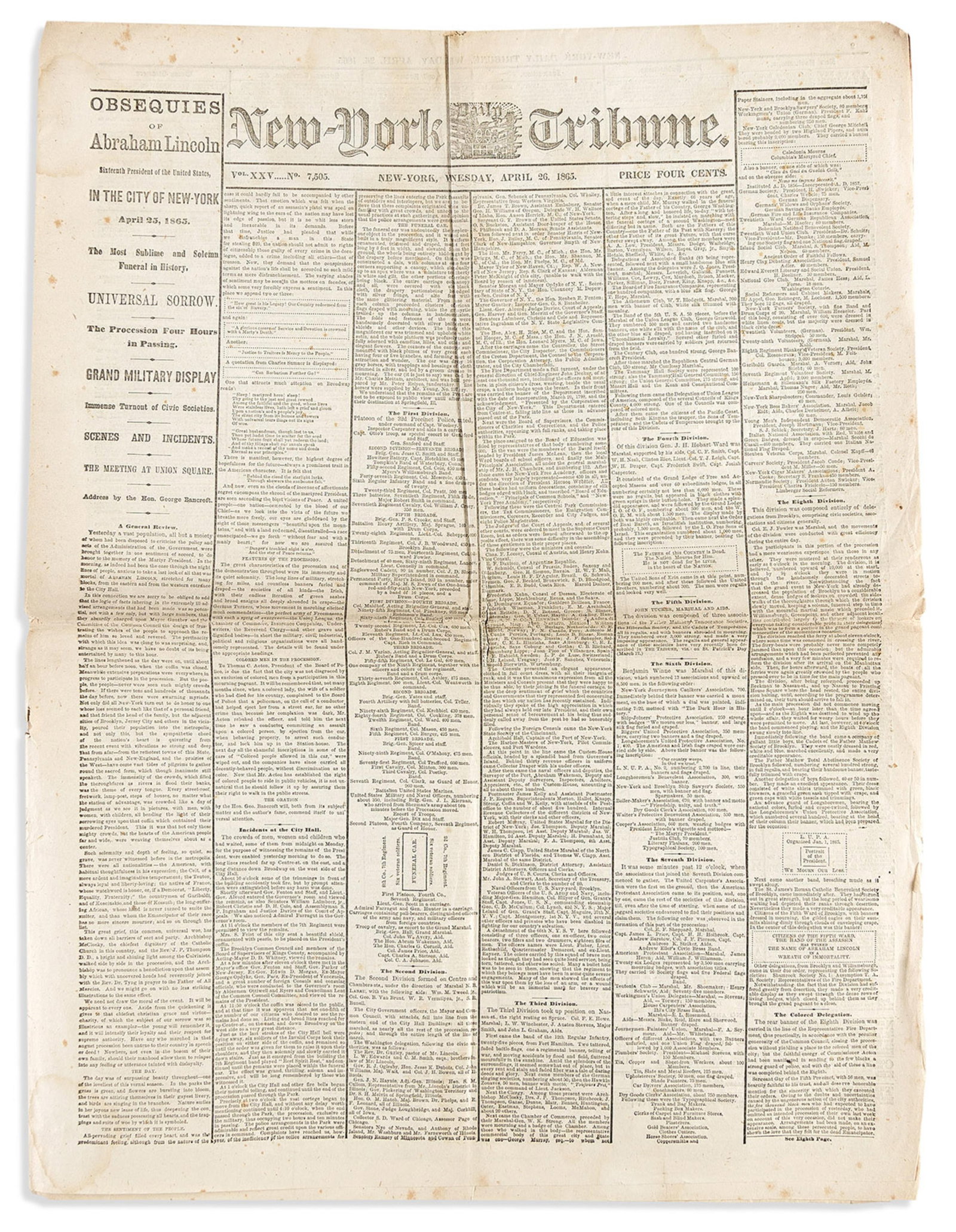 (LINCOLN.) 19 numbers of the New York Tribune concerning the Abraham Lincoln assassination. New: 19 numbers of the New York Tribune concerning the Abraham Lincoln assassination. New York, 17 April to 18 May 1865 Each 8 pages, 21 x 16 inches, on one uncut sheet; moderate foxing, some edge wear, an