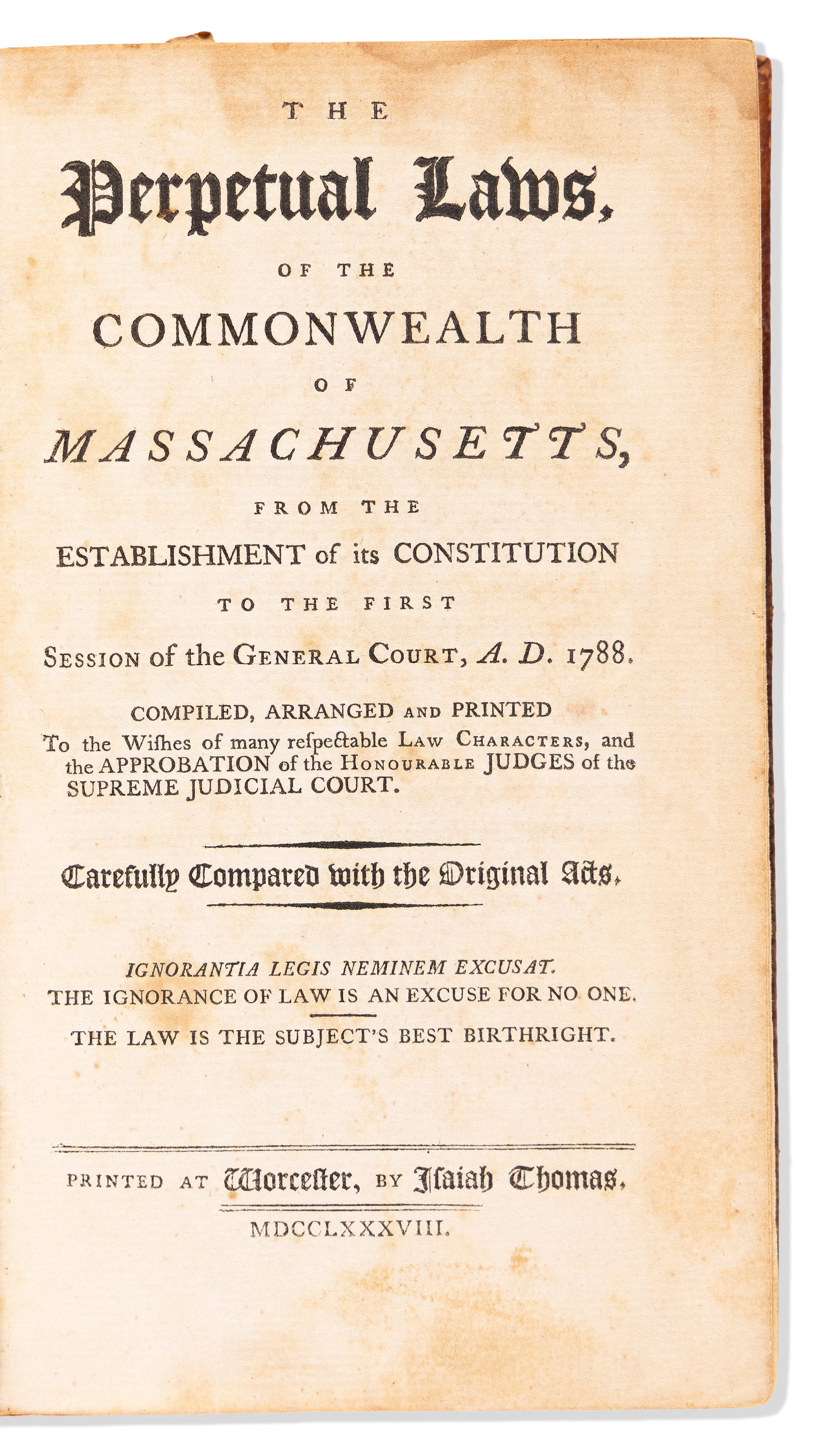 (MASSACHUSETTS.) The Perpetual Laws of the Commonwealth of Massachusetts, 1788 (1 of 1)