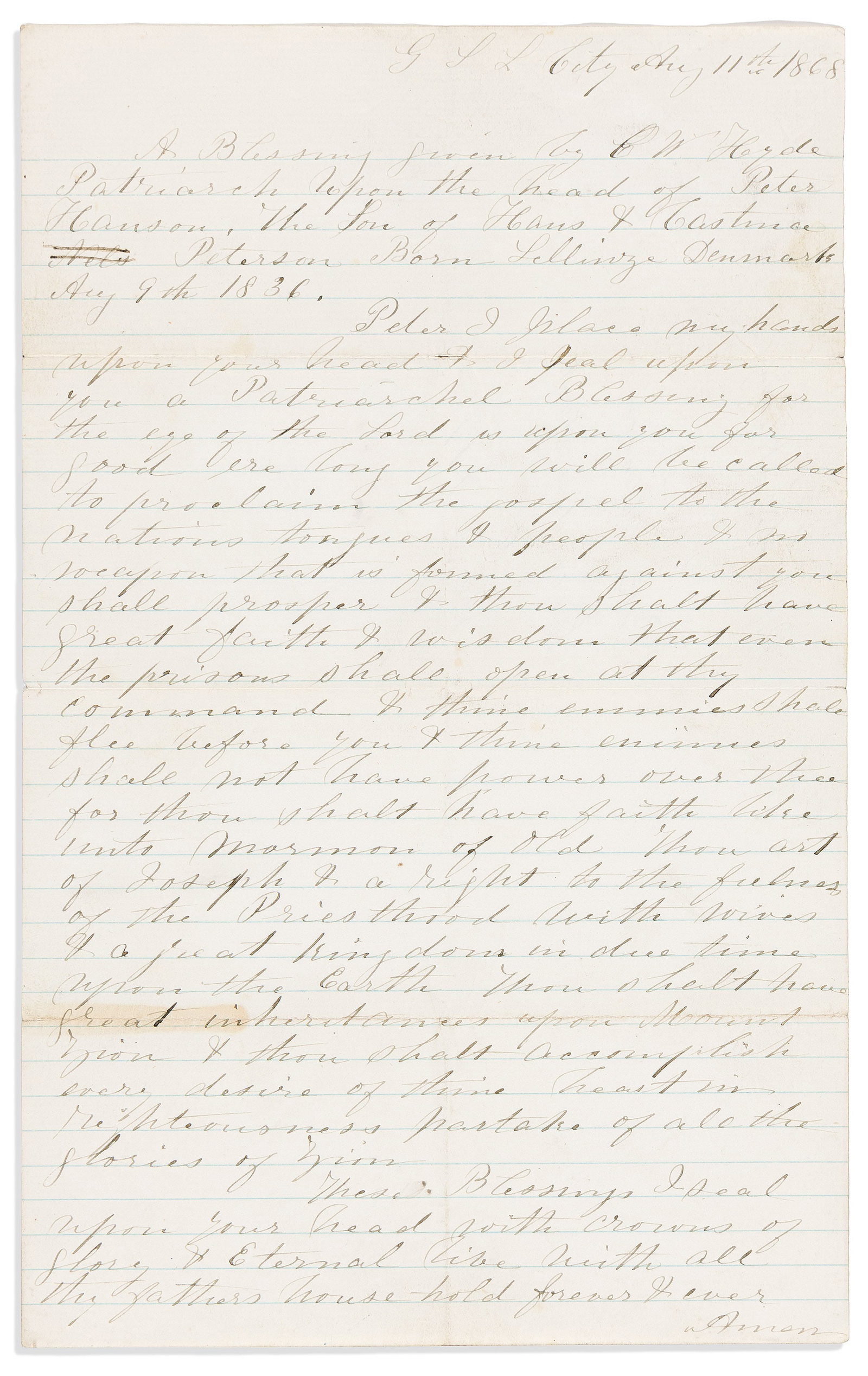 (MORMONS.) C.W. Hyde. Patriarchal blessing granted to Peter Hansen, with Hansen's citizenship: "A right to the fulness of the Priesthood with wives" C.W. Hyde. Patriarchal blessing granted to Peter Hansen, with Hansen's citizenship certificate. Salt Lake City, UT, 11 August 1868 and 1 February 