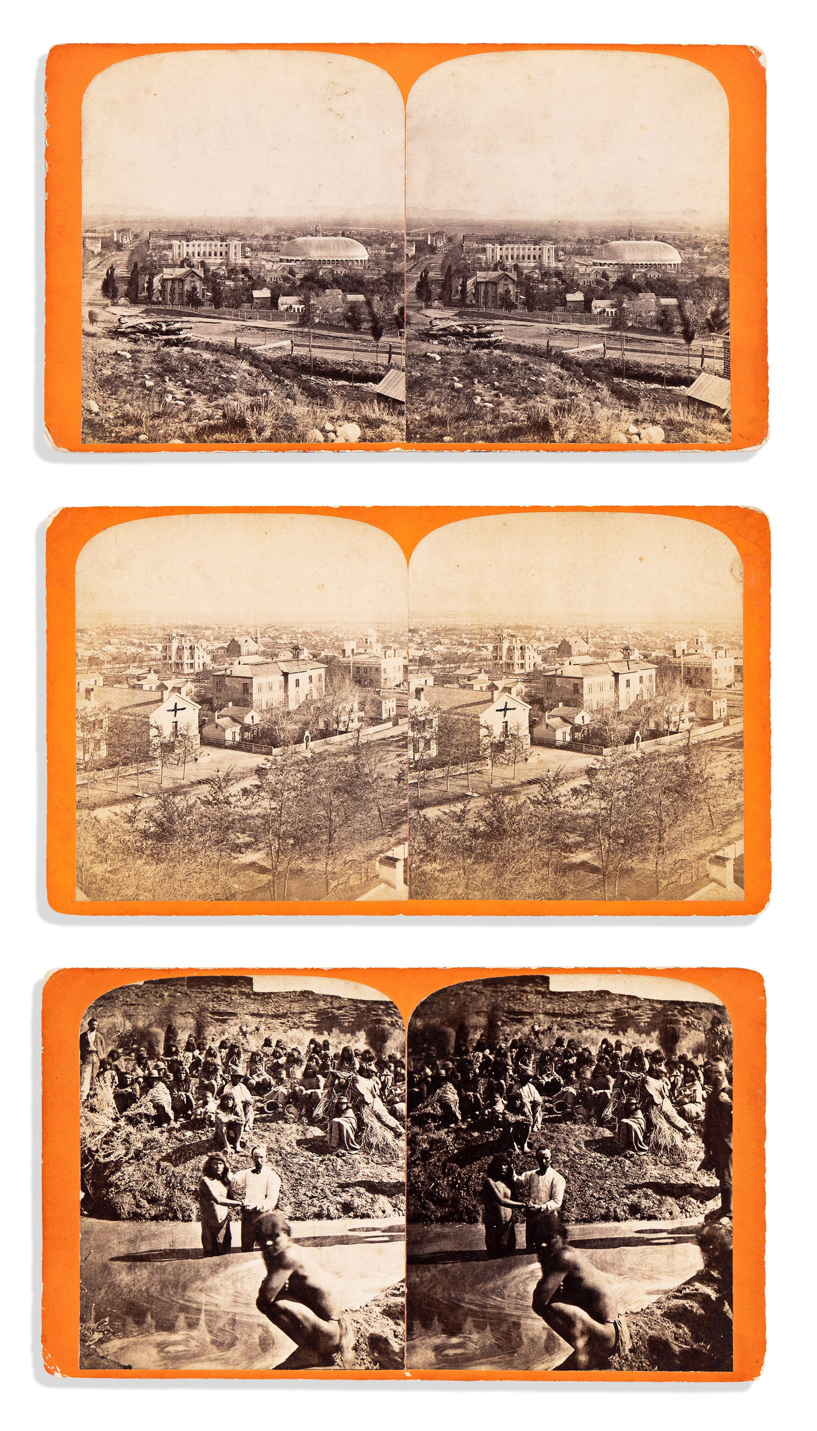 (MORMONS.) Collection of stereoviews, some annotated by a Utah pioneer, circa 1870s-1890s: Collection of stereoviews, mostly Utah views from C.R. Savage's "Views of the Great West" series, some annotated by a Utah pioneer. Various places, circa 1870s-1890s Albumen photographs on 33 4 x 7-in