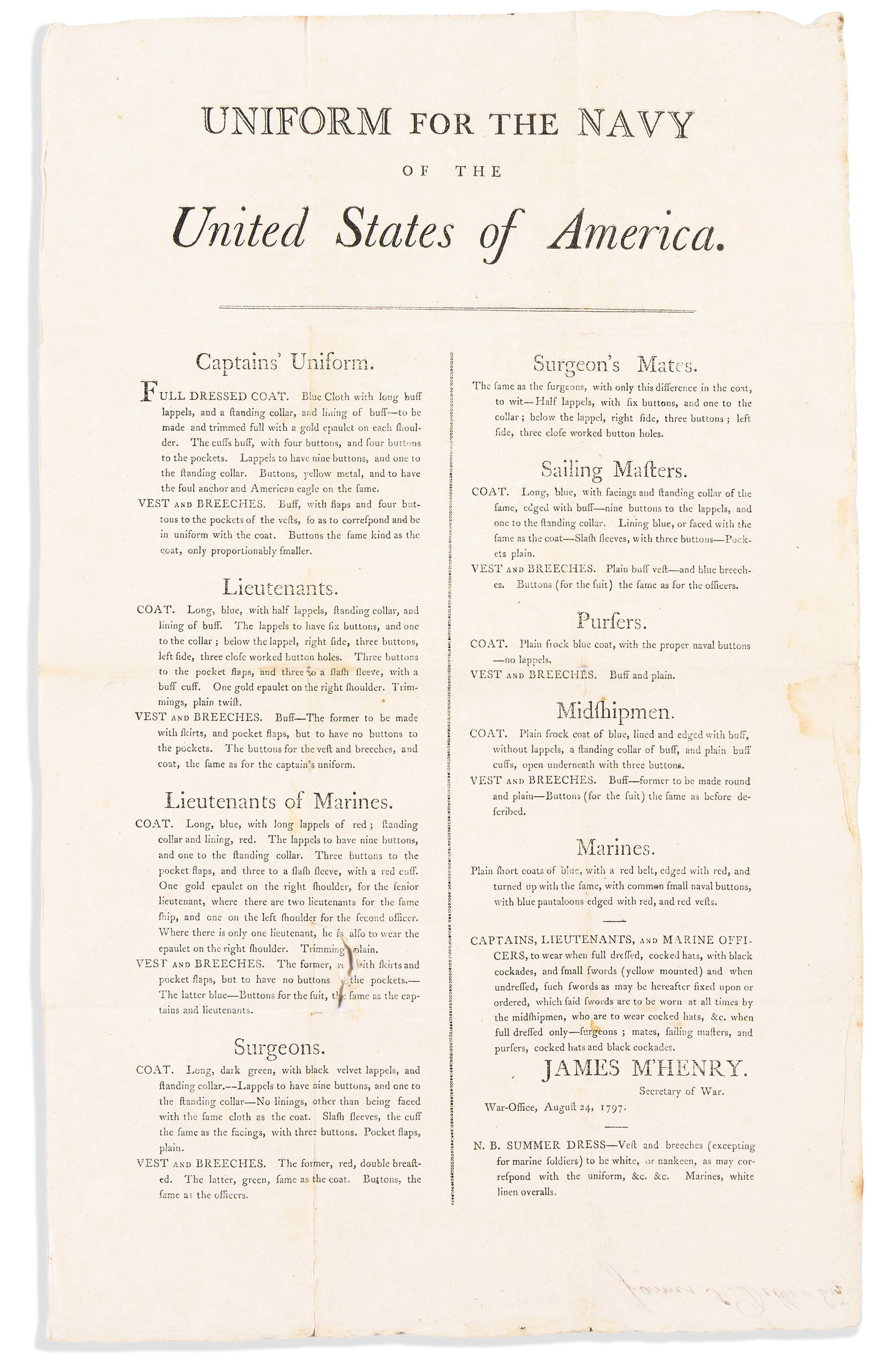(NAVY.) James McHenry. Uniform for the Navy of the United States of America. [Philadelphia: William (1 of 1)