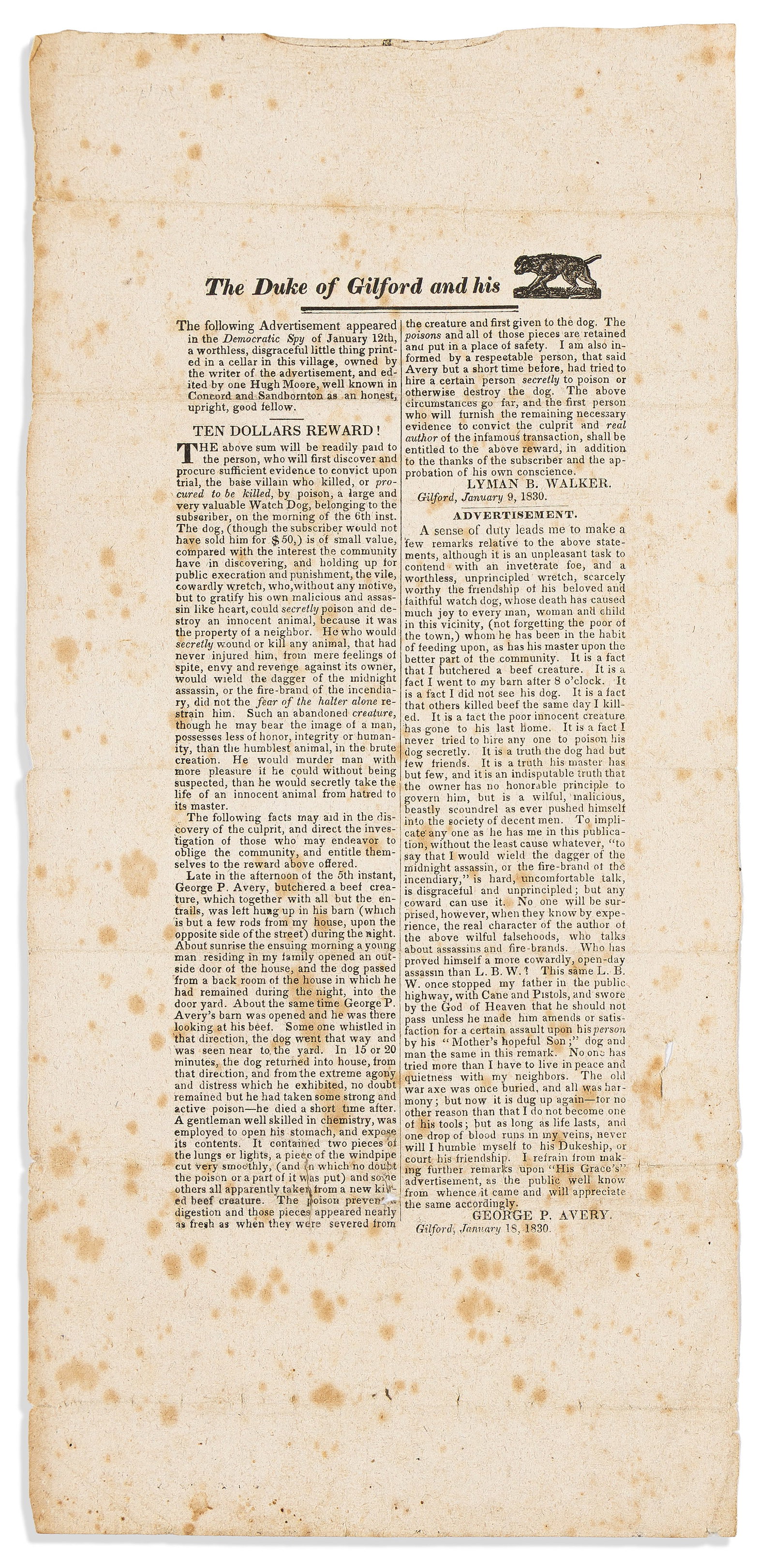 (NEW HAMPSHIRE.) George P. Avery. The Duke of Gilford and his [Dog], 1830: George P. Avery. The Duke of Gilford and his [Dog]. Gilford, NH, 18 January 1830 Letterpress broadside, 15¼ x 7 inches, illustrated with a small woodcut of a dog; foxing, folds, minor wear; uncut
