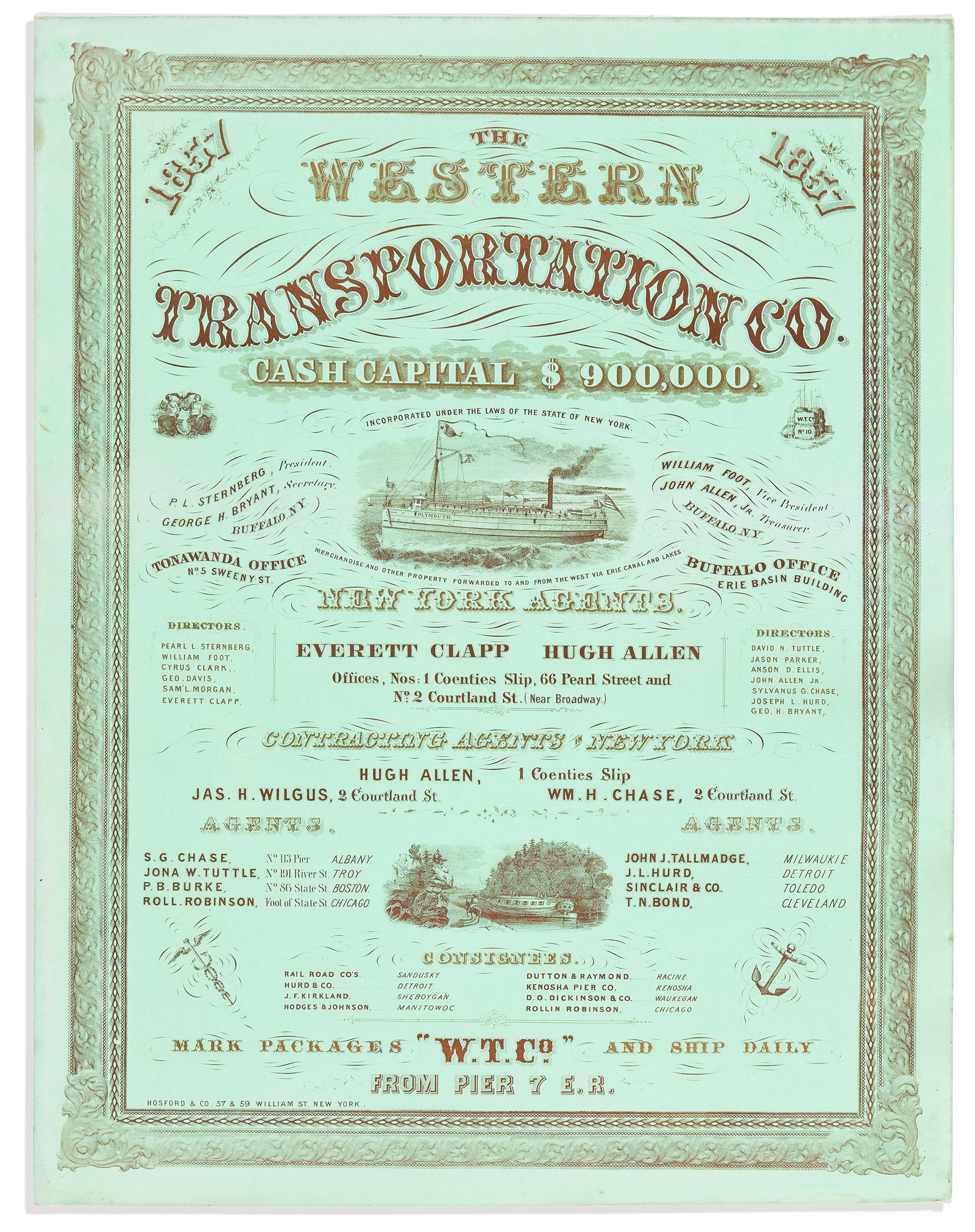 (NEW YORK.) The Western Transportation Co., steamship and canal broadside, 1857 (1 of 1)