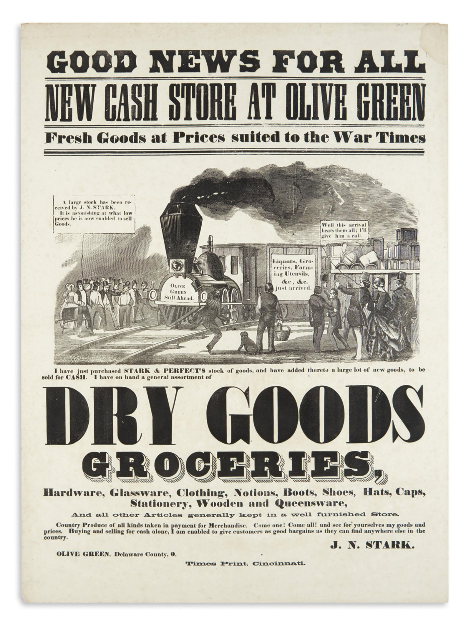 (OHIO.) Good News for All: New Cash Store at Olive Green, Fresh Goods at Prices Suited to the War (1 of 1)