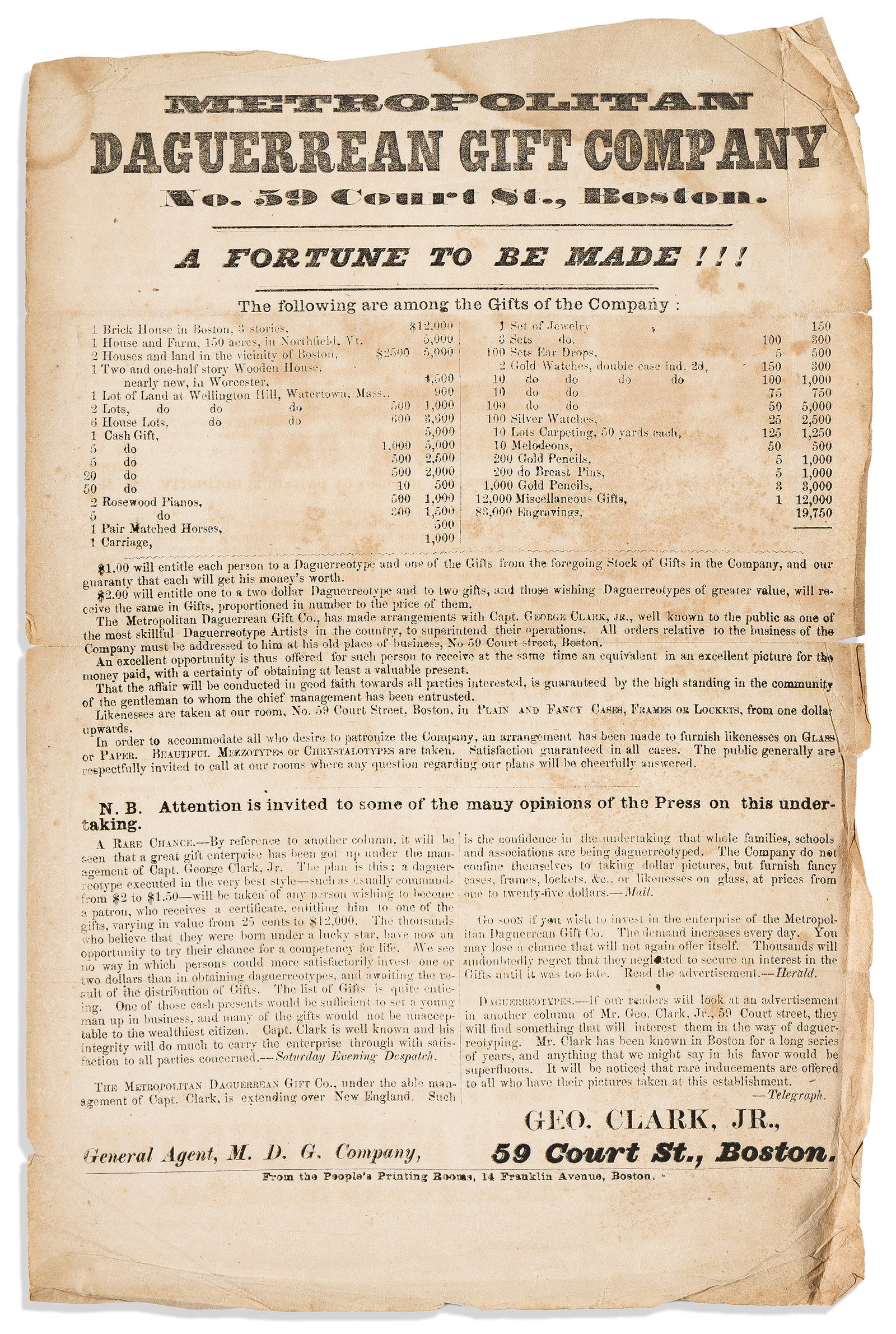 (PHOTOGRAPHY.) Broadside for the Metropolitan Daguerrean Gift Company. Boston: People's Printing (1 of 1)