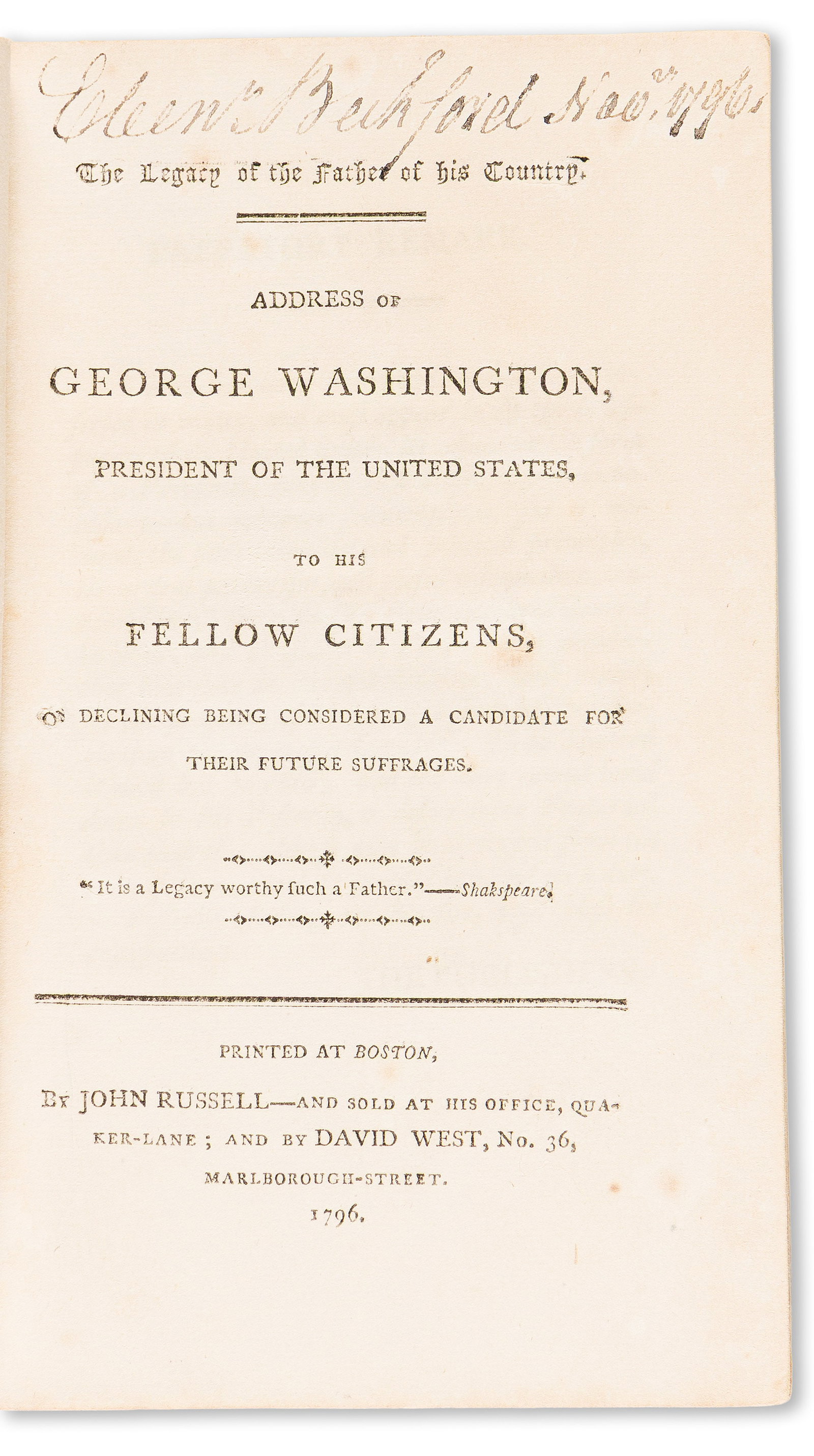 (PRESIDENTS--1796.) George Washington. The Legacy of the Father of his Country. Boston, 1796 (1 of 1)