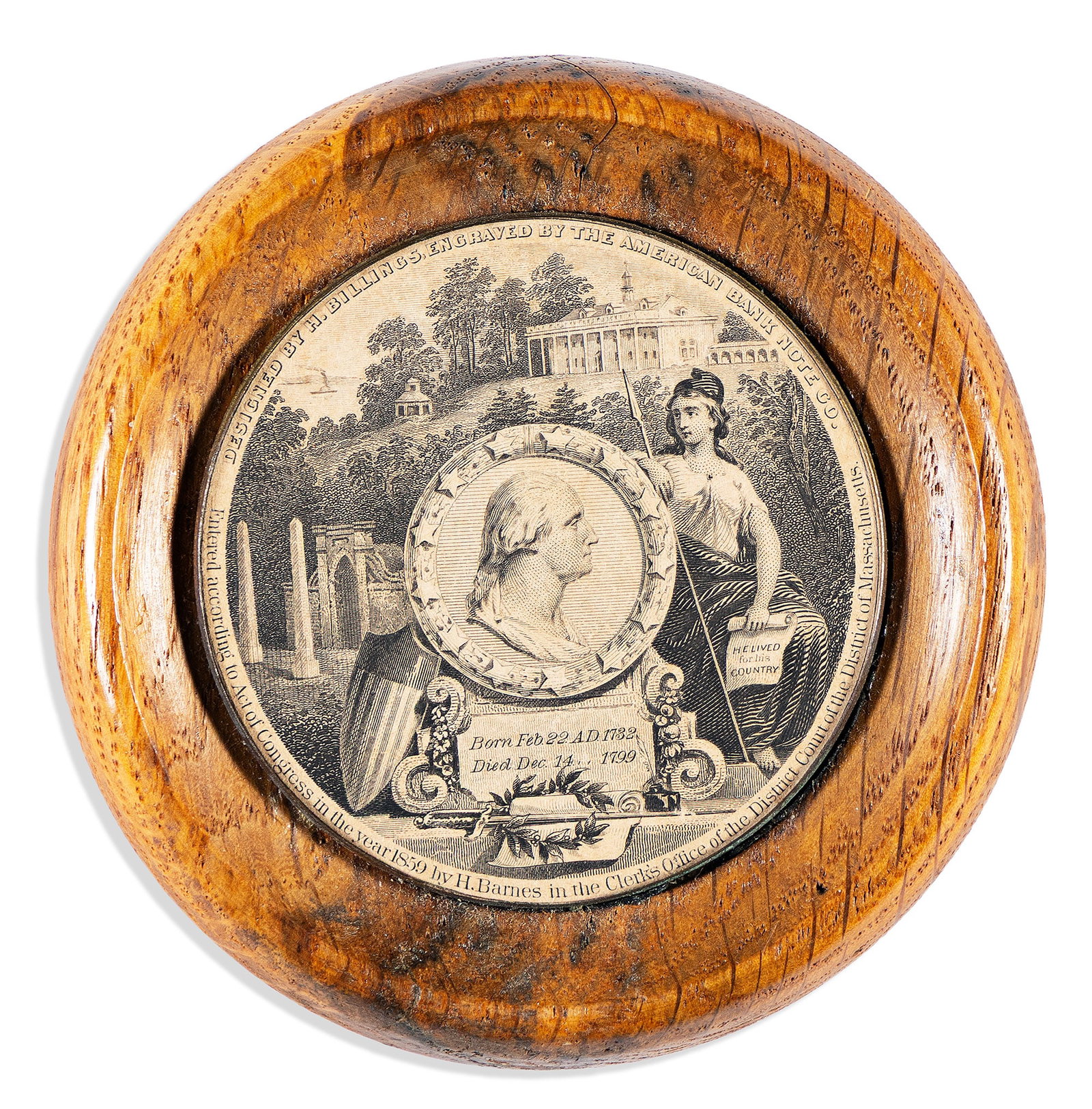 (PRESIDENTS.) Miniature portrait of George Washington in a frame made from Mount Vernon wood. (1 of 2)