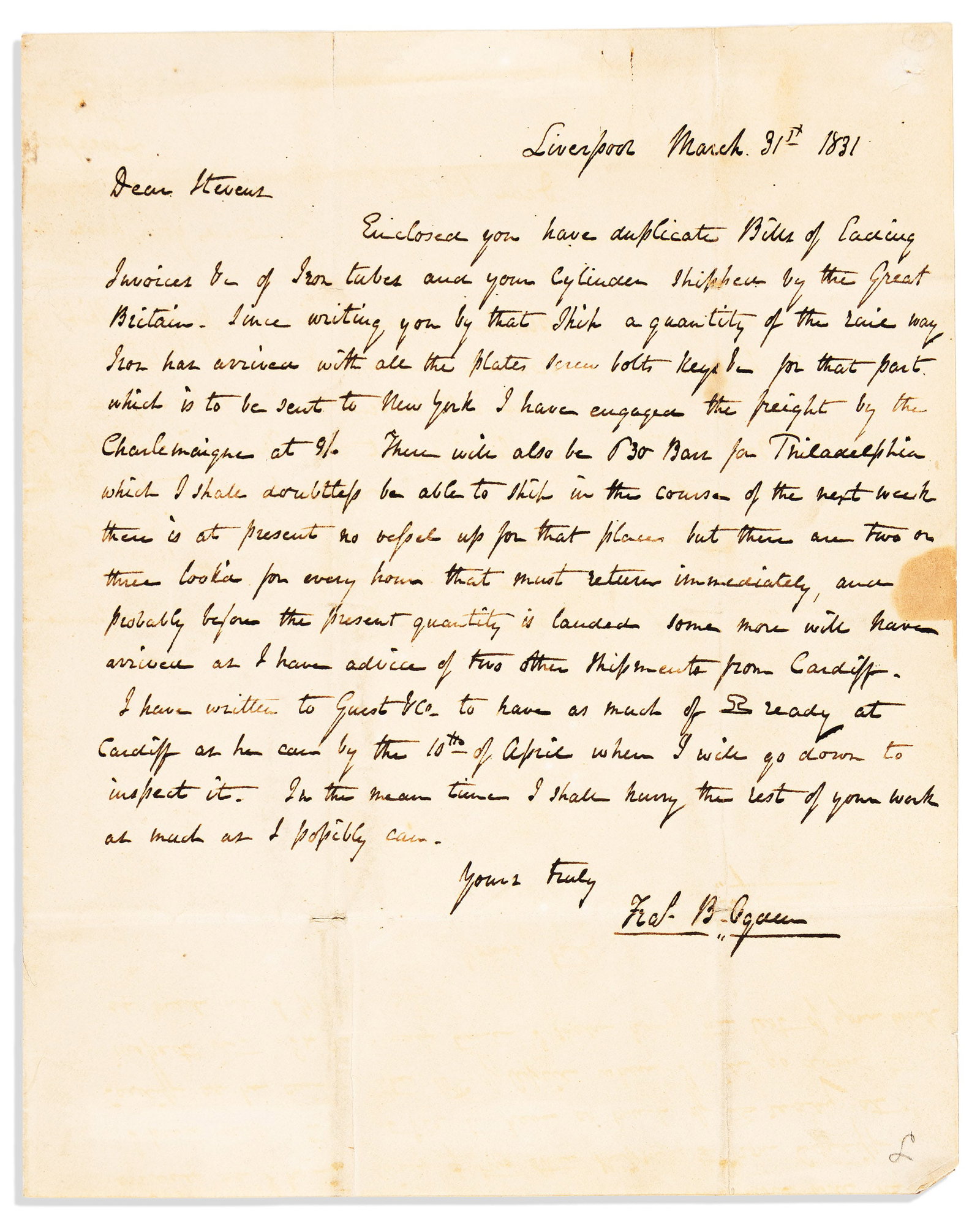 (RAILROADS.) Three letters concerning the original purchase of the historic locomotive John Bull, (1 of 5)