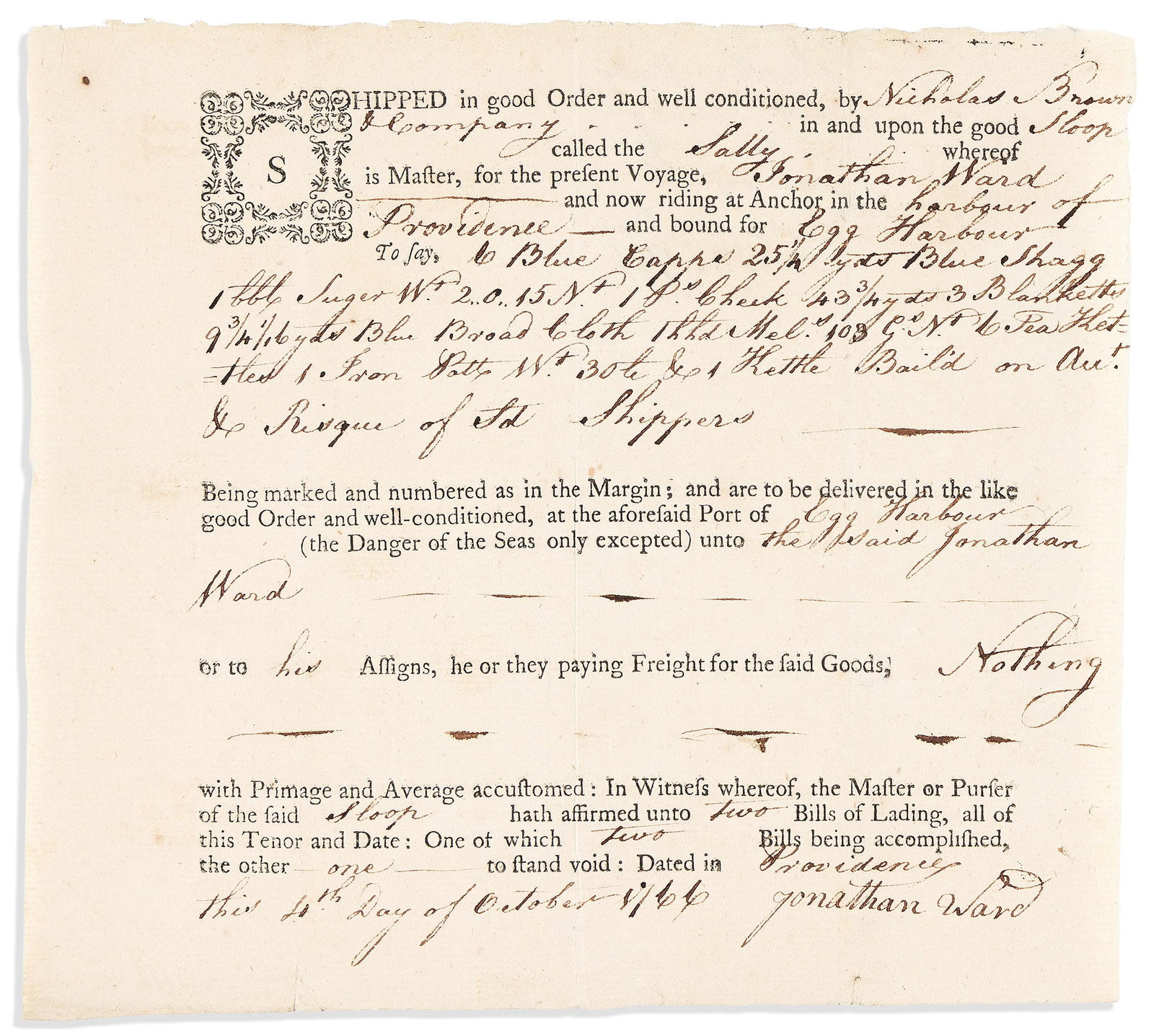 (RHODE ISLAND.) Bill of lading for the sloop Sally owned by Nicholas Brown & Company. Providence, (1 of 1)