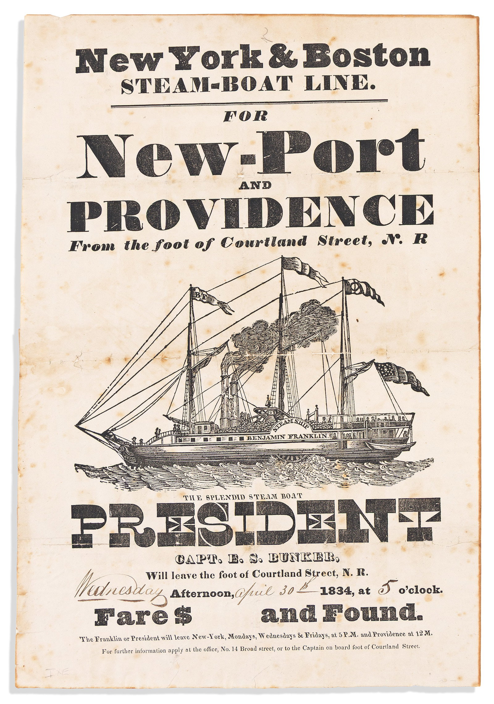 (RHODE ISLAND.) New York & Boston Steam-Boat Line, for New-Port and Providence. [New York?], 1834 (1 of 1)
