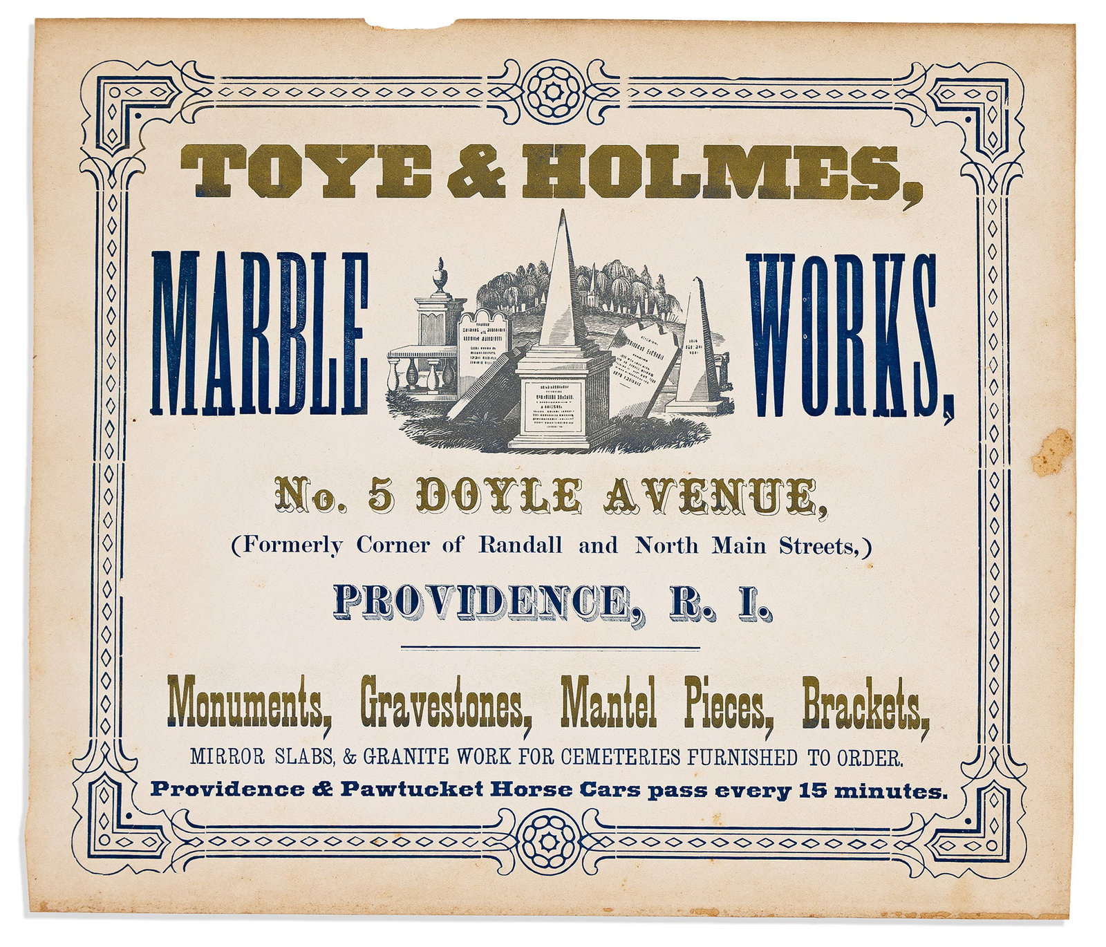(RHODE ISLAND.) Toye & Holmes Marble Works broadside advertisement. Providence, RI, circa 1880s (1 of 1)
