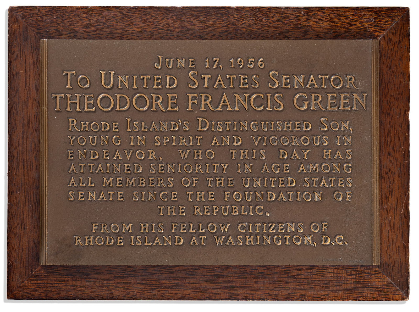 (RHODE ISLAND.) Plaque presented to Theodore Francis Green upon becoming the oldest senator in (1 of 1)