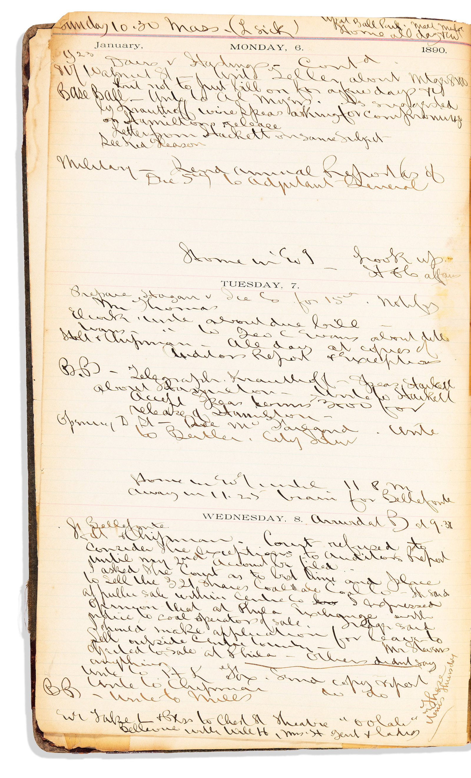 (SPORTS--BASEBALL.) John I. Rogers. Diary of the co-owner of the Philadelphia Phillies, January to: John I. Rogers. Diary of the co-owner of the Philadelphia Phillies. Philadelphia, January to December 1890 [122] manuscript diary pages plus [15] pages of memoranda. Folio, 13¼ x 8 inches, contem