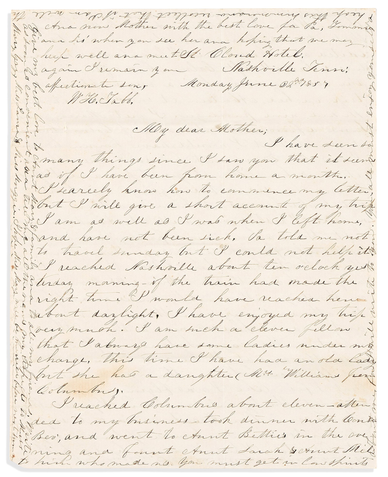 (TENNESSEE.) William H. Tabb. Letters and diary written as a student at Cumberland College shortly (1 of 2)