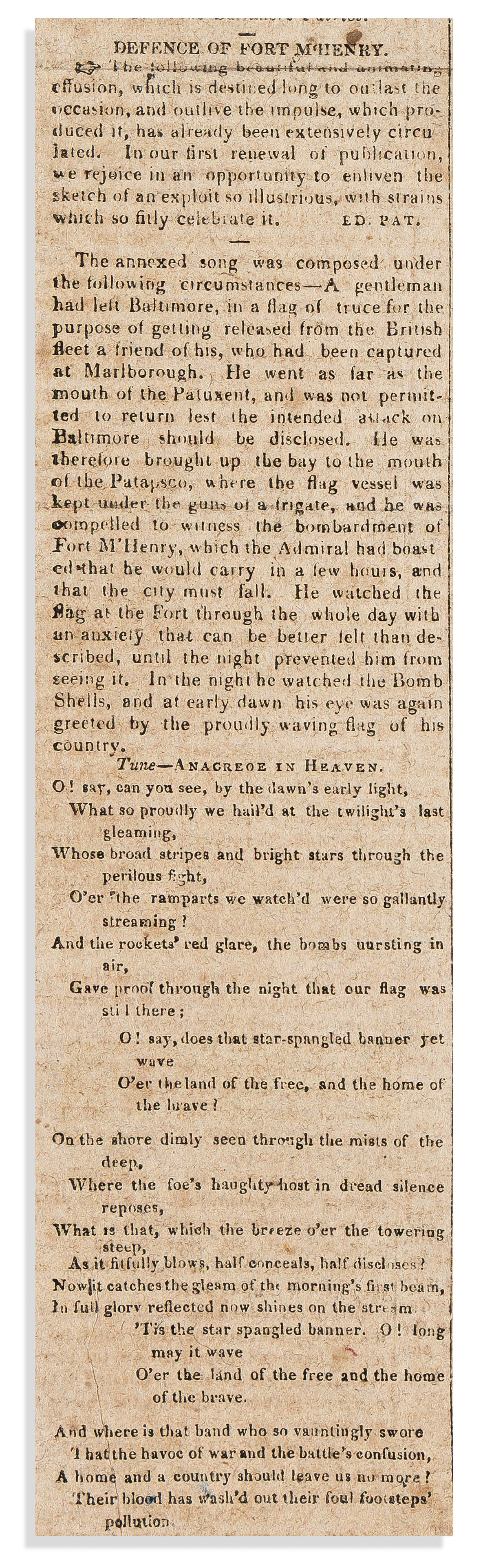 (WAR OF 1812.) [Francis Scott Key.], The Star-Spangled Banner, an early printing in an issue of the (1 of 3)