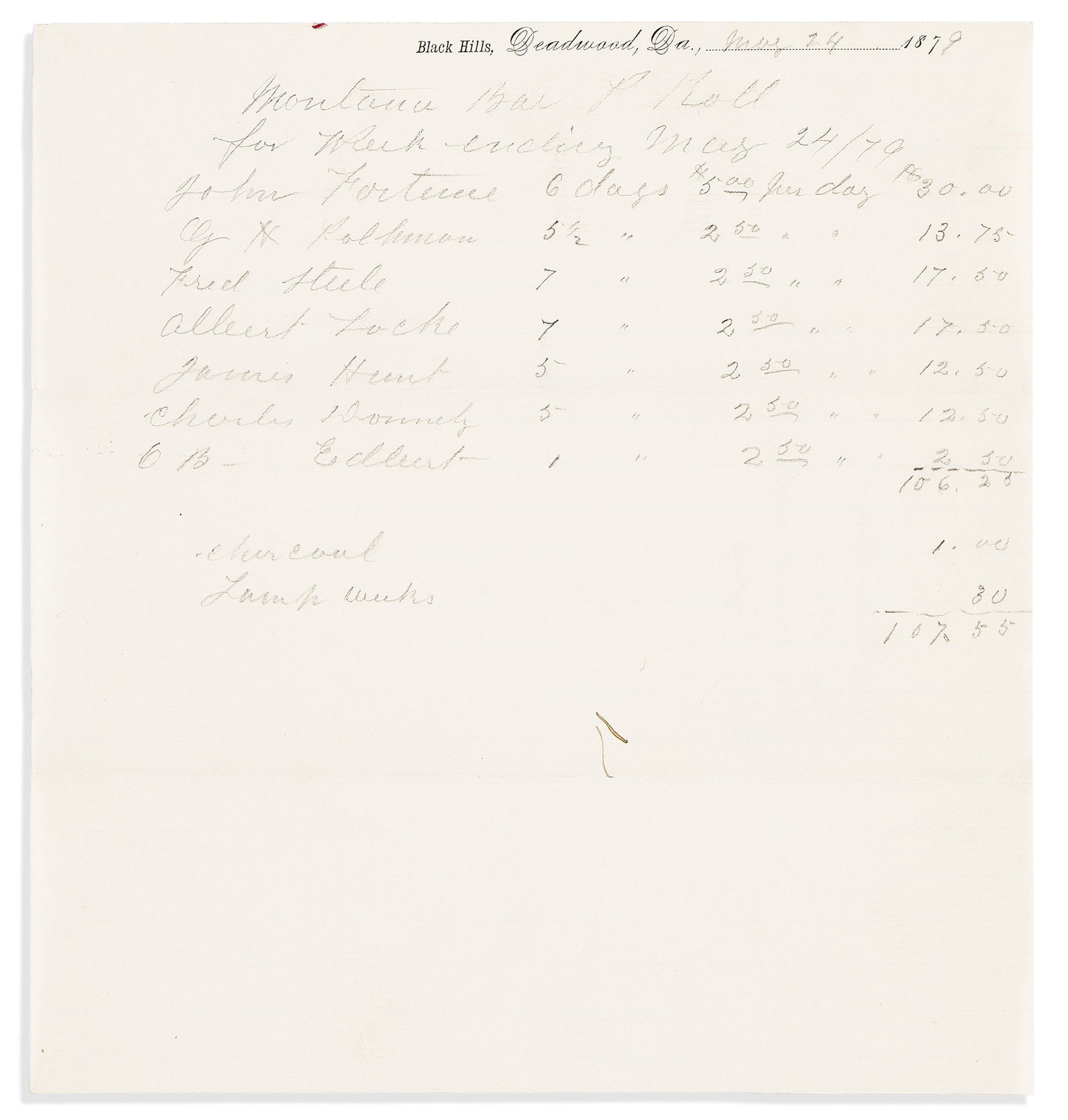 (WEST--DAKOTA TERRITORY.) Papers of Deadwood-area miner John Fortune, 1879-1884 (1 of 1)