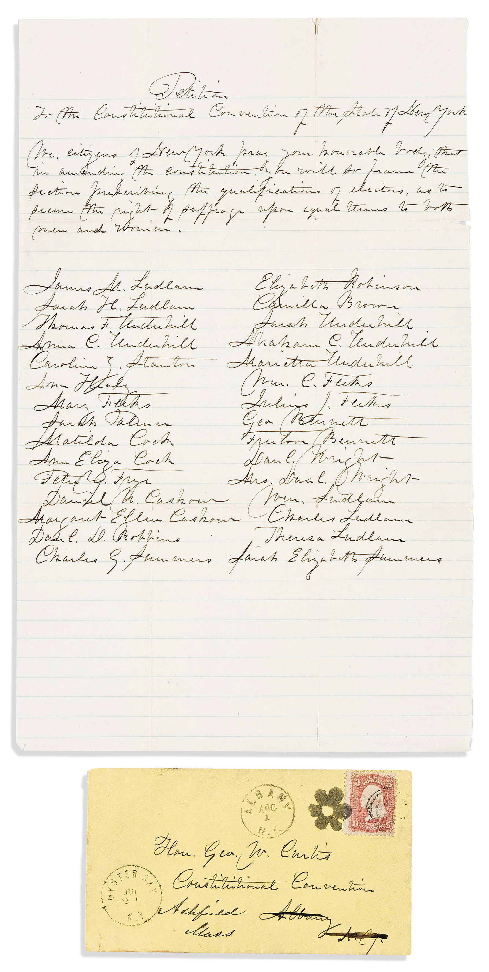 (WOMEN'S HISTORY.) Petition for New York to adopt women's suffrage, presented to reformer George (1 of 2)