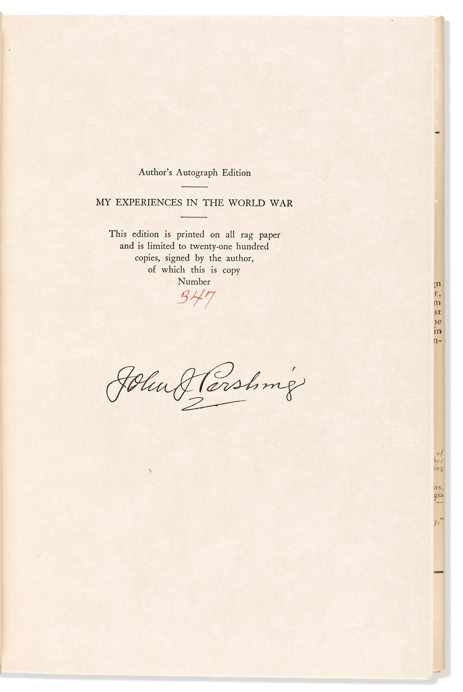 (WORLD WAR ONE.) John J. Pershing. My Experiences in the World War. Signed on limitation page in (1 of 2)