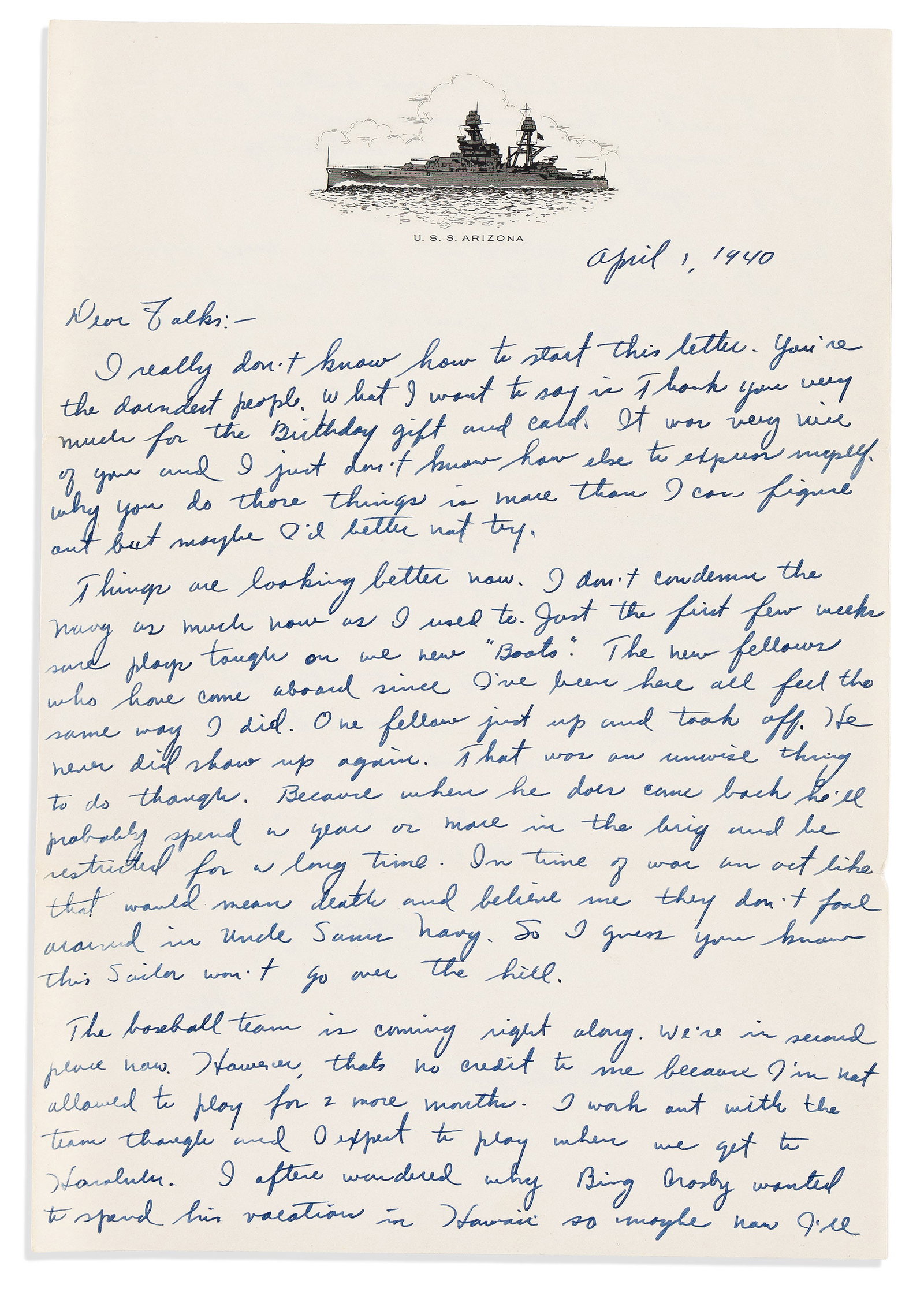 (WORLD WAR TWO.) Keith [Jeffries]. Letter from a USS Arizona seaman who died on the ship at Pearl (1 of 2)