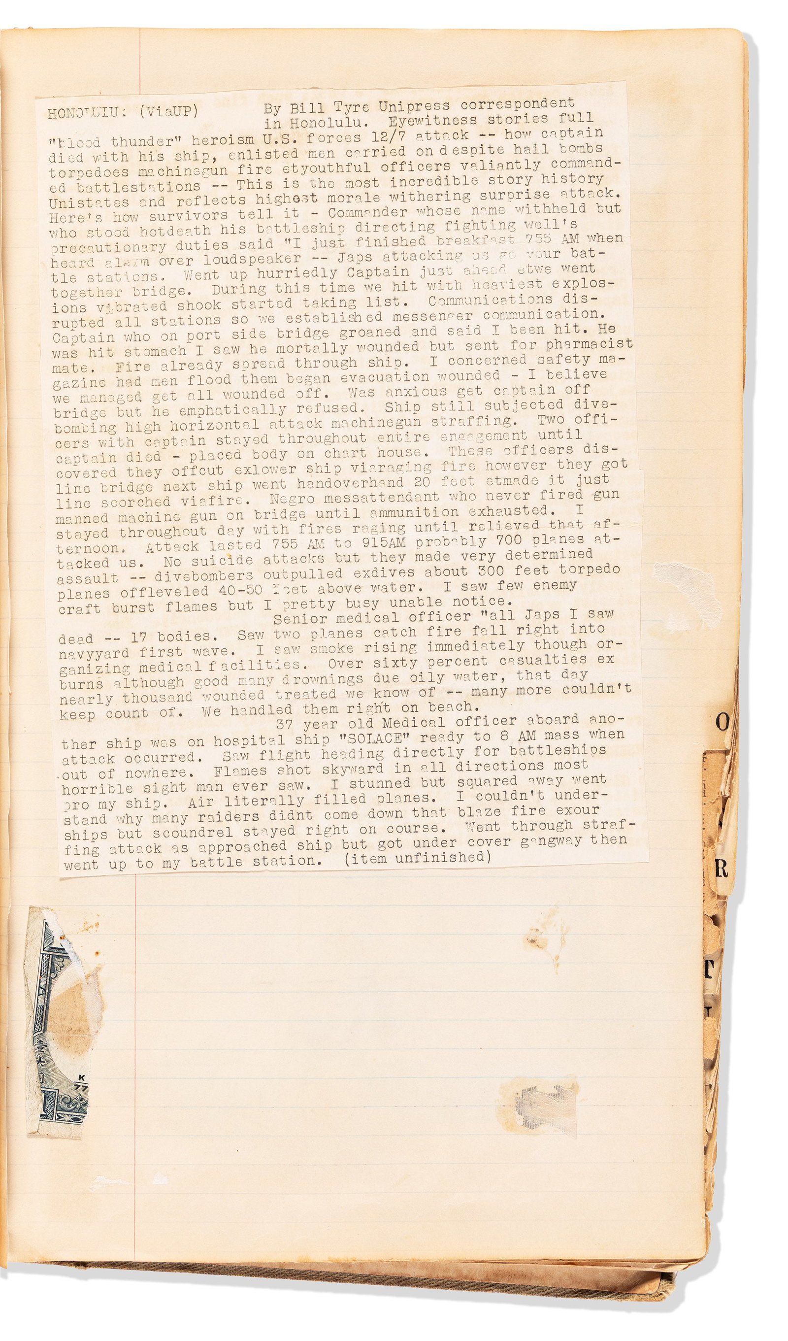 (WORLD WAR TWO.) Scrapbook from the USS Raleigh and other ships, including a report on Dorie (1 of 1)