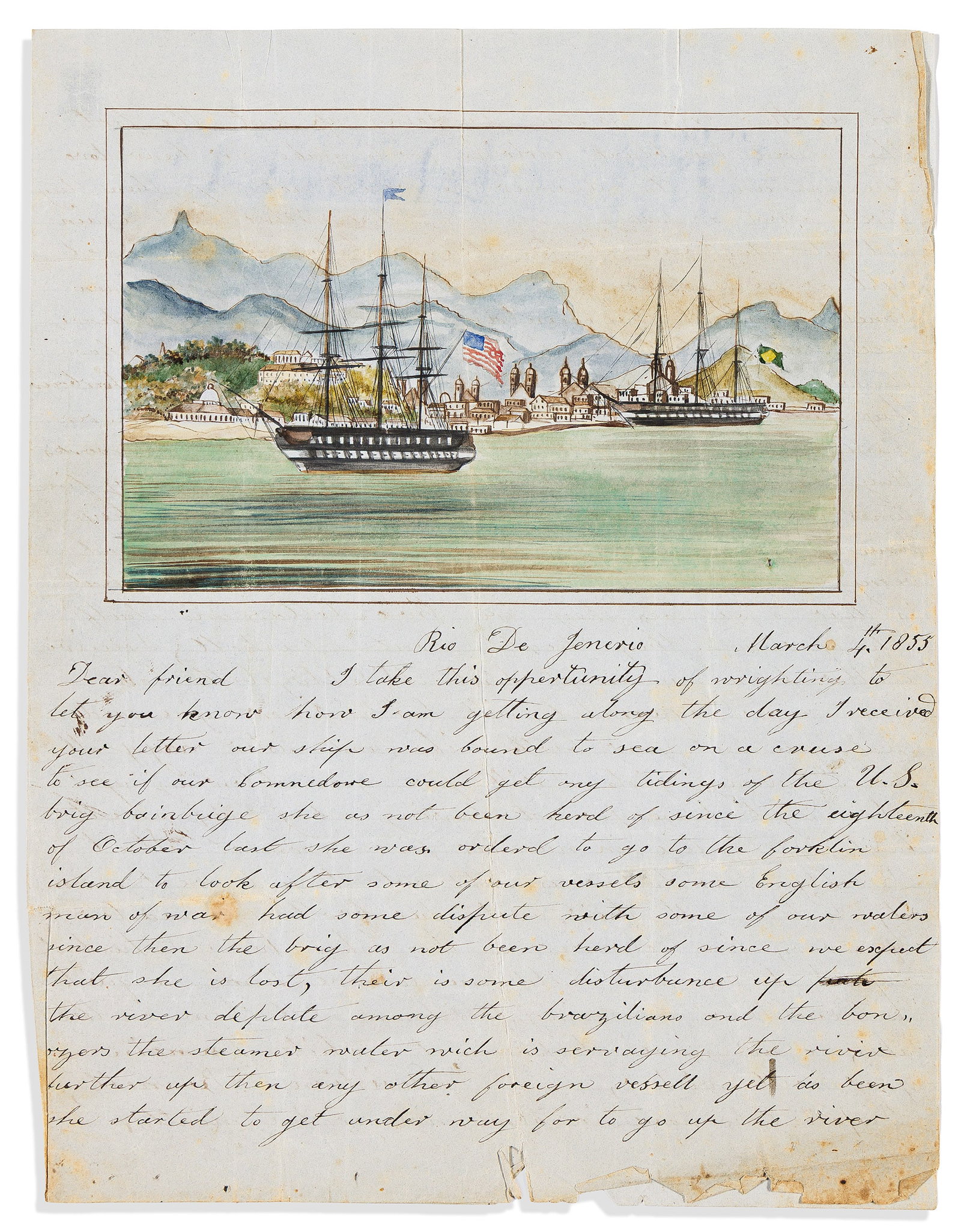 (BRAZIL.) Illustrated letter from an American sailor. Rio de Janeiro, 4 March 1855: Illustrated letter by an American sailor. Rio de Janeiro, 4 March 1855 Autograph Letter Signed from Christian Bennett to a friend. 2 pages, 11 x 8¼ inches, plus integral blank; mailing folds and 