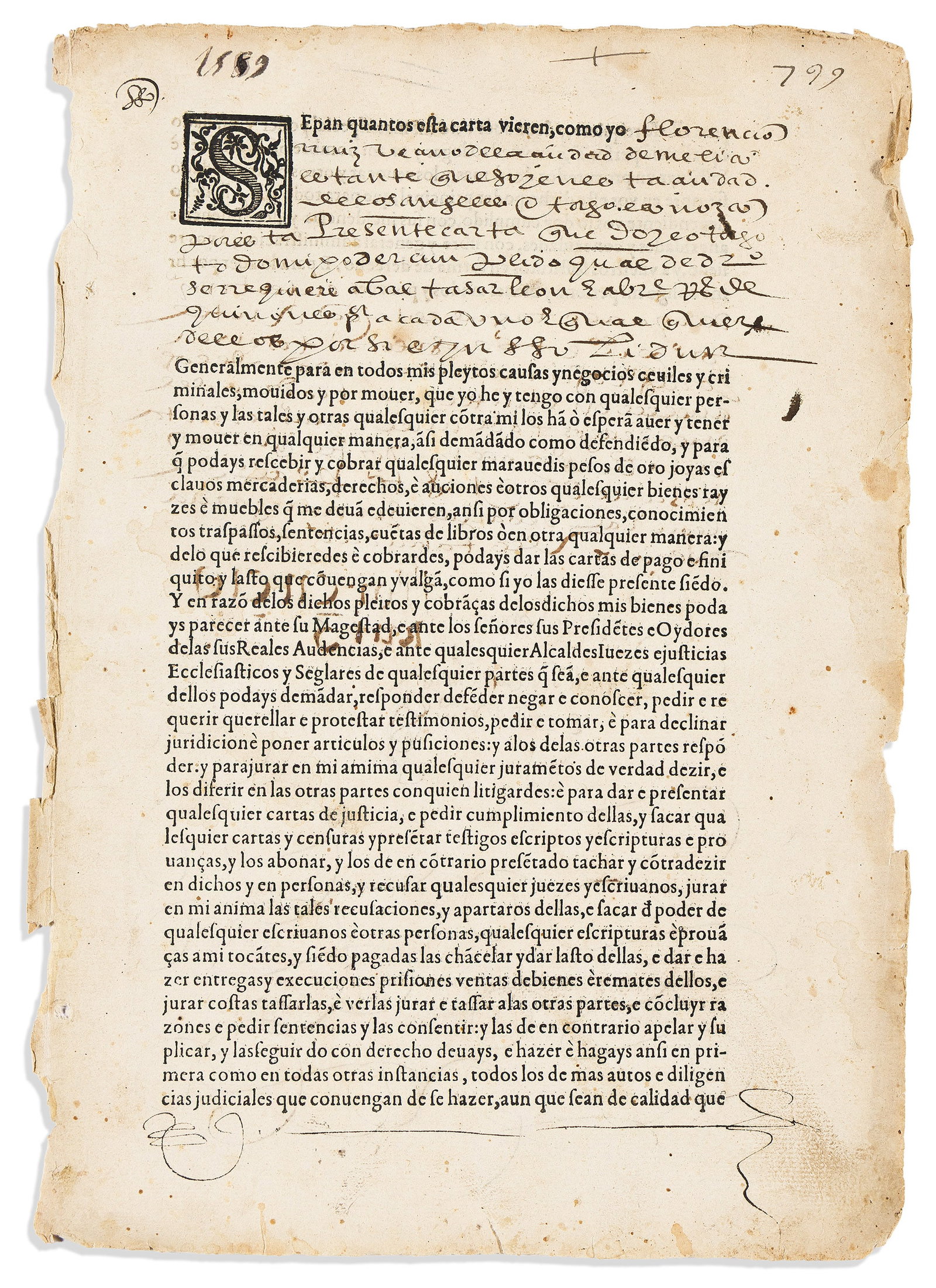 (MEXICAN IMPRINT--1589.) An early Mexican carta de poder, or power of attorney document. (1 of 2)