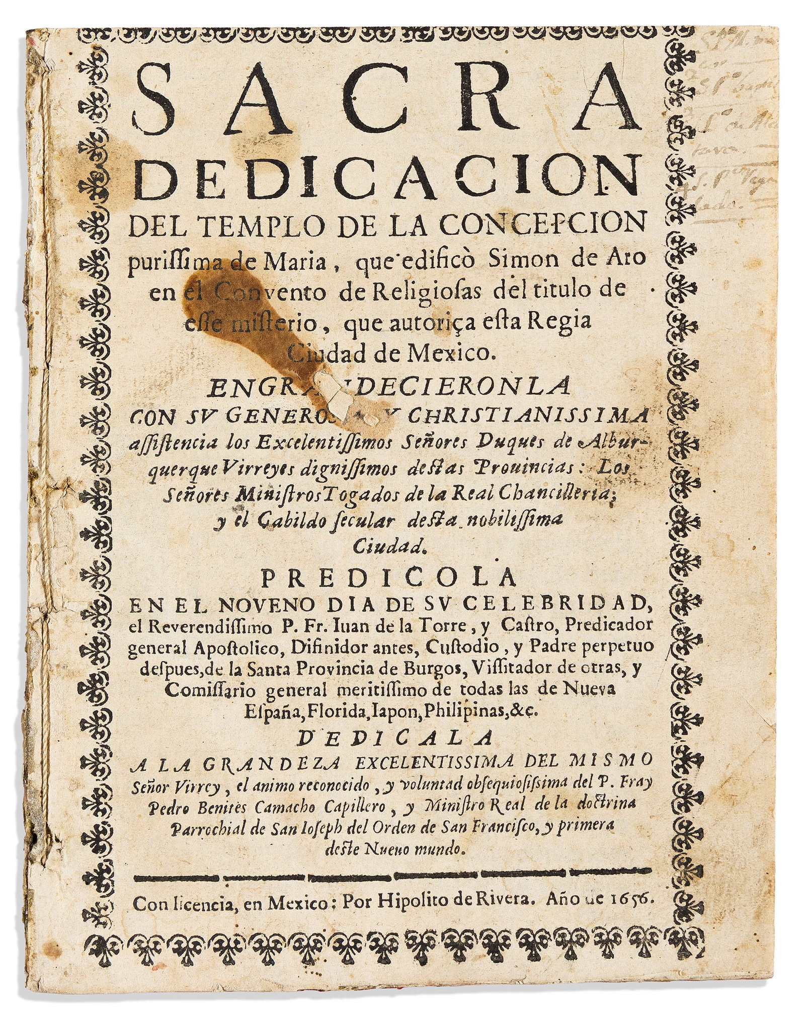 (MEXICAN IMPRINT--1656.) Juan de la Torre y Castro. Sacra dedicacion del templo de la Concepcion (1 of 1)