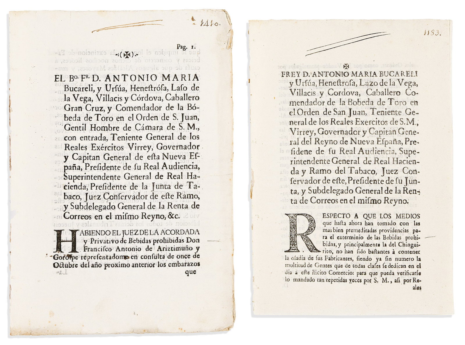 (MEXICAN IMPRINTS--1772.) Antonio María Bucareli y Ursúa. Pair of proclamations on (1 of 1)