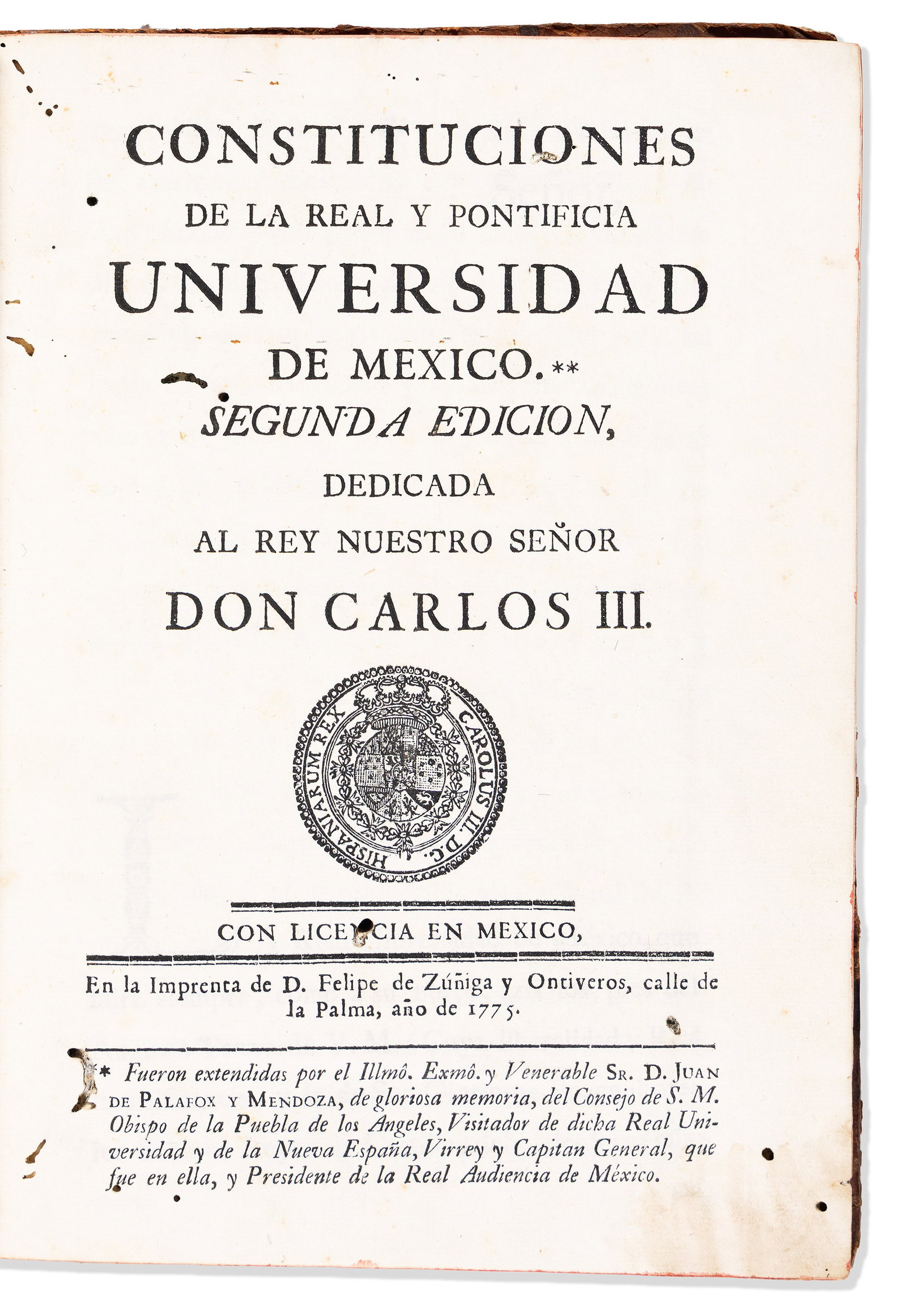 (MEXICAN IMPRINT--1775.) Constituciones de la Real y Pontificia Universidad de Mexico. (1 of 1)