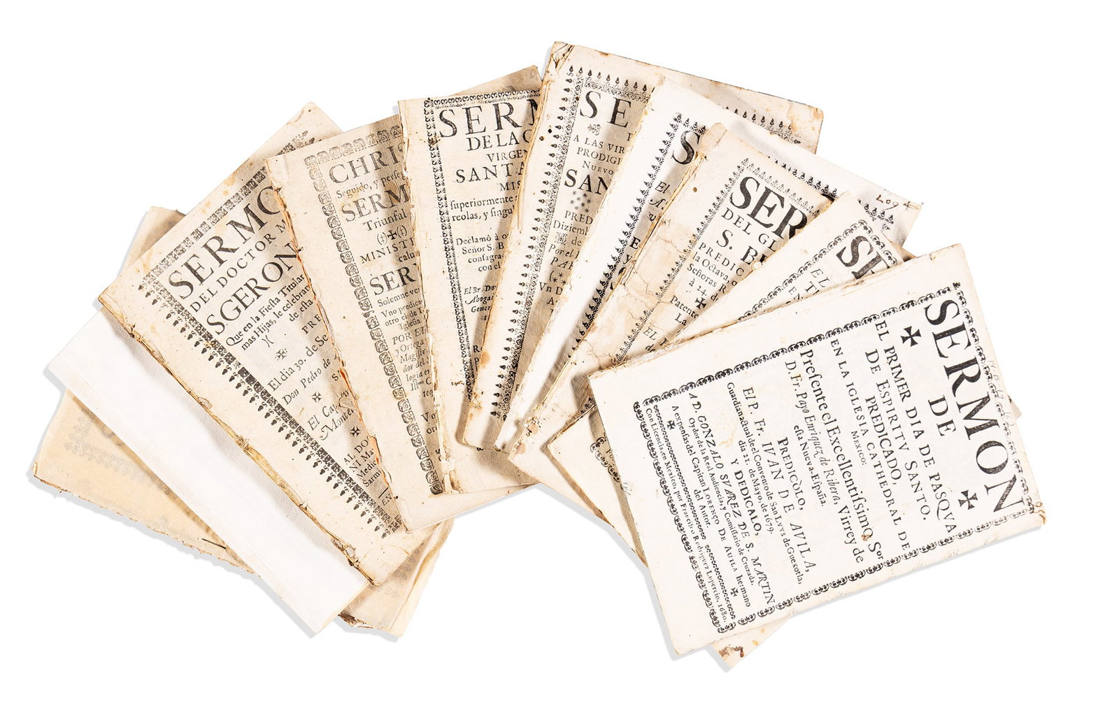 (MEXICAN IMPRINTS.) Group of 11 17th-century sermons. Mexico, 1667-1699: Group of 11 17th-century sermons. Mexico, 1667-1699 Each 4to, disbound or in modern plain wrappers; condition generally strong. Frias. "Sermon en la festividad del glorioso archangel San Miguel." [5],