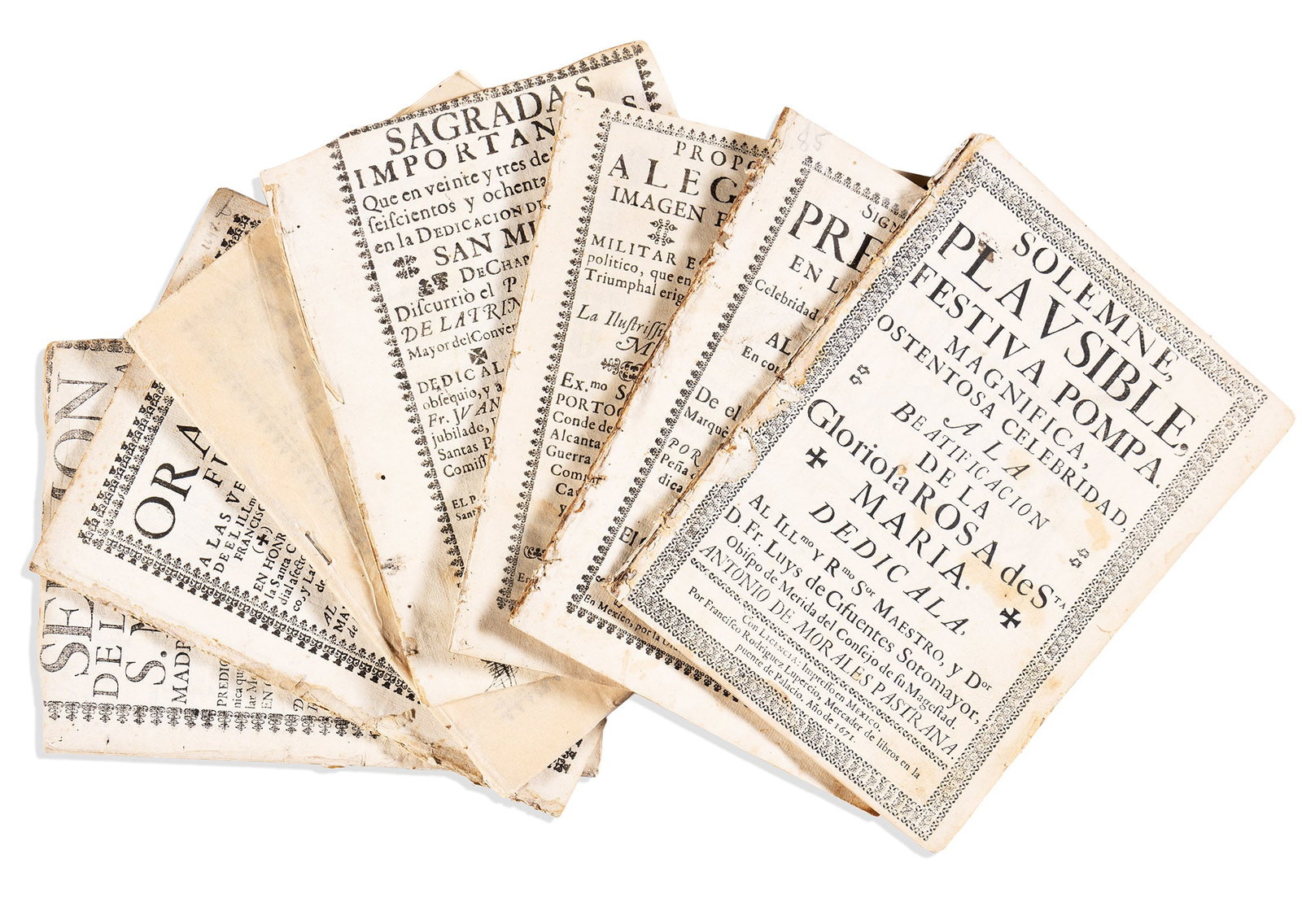 (MEXICAN IMPRINTS.) Group of 8 17th-century orations. Mexico and Puebla, 1671-1698: Group of 8 17th-century orations. Mexico and Puebla, 1671-1698 Each 4to, disbound or in modern plain wrappers; condition generally strong. Morales Pastrana. "Solemne, plausible, festiva pompa . . . a 