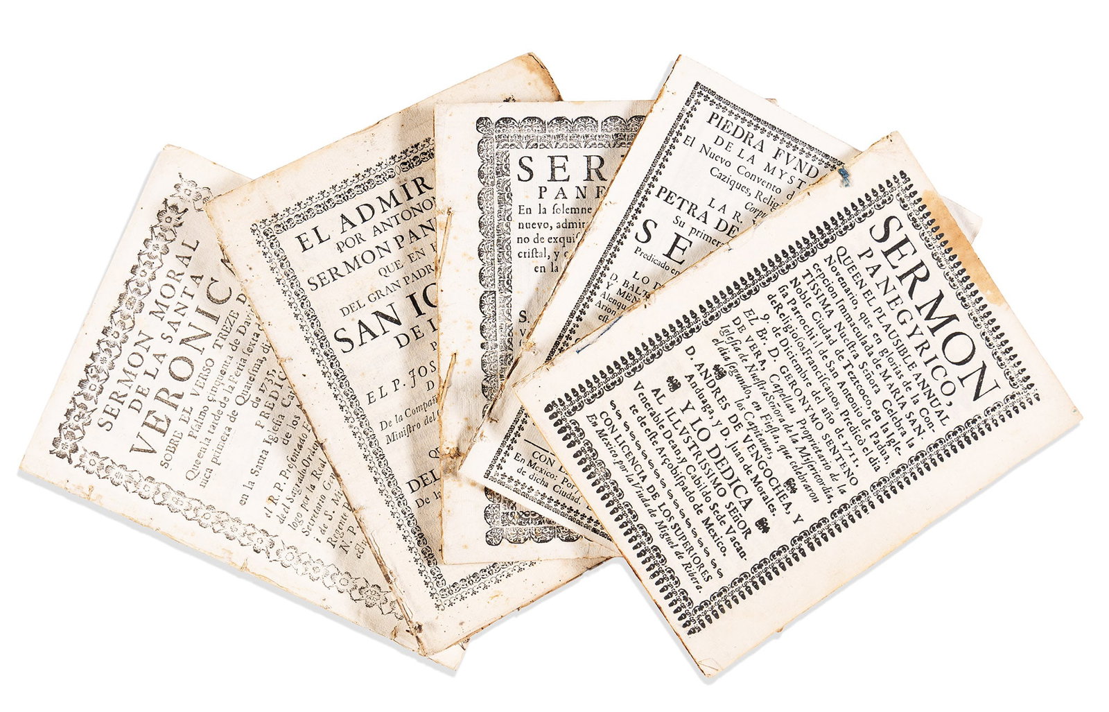 (MEXICAN IMPRINTS.) Group of 5 18th-century sermons. Mexico and Puebla, 1712-1763: Group of 5 18th-century sermons. Mexico and Puebla, 1712-1763 Each 4to, disbound or in modern plain wrappers; condition generally strong. Senteno de Vera. "Sermon panegyrico, que en el plausible annua