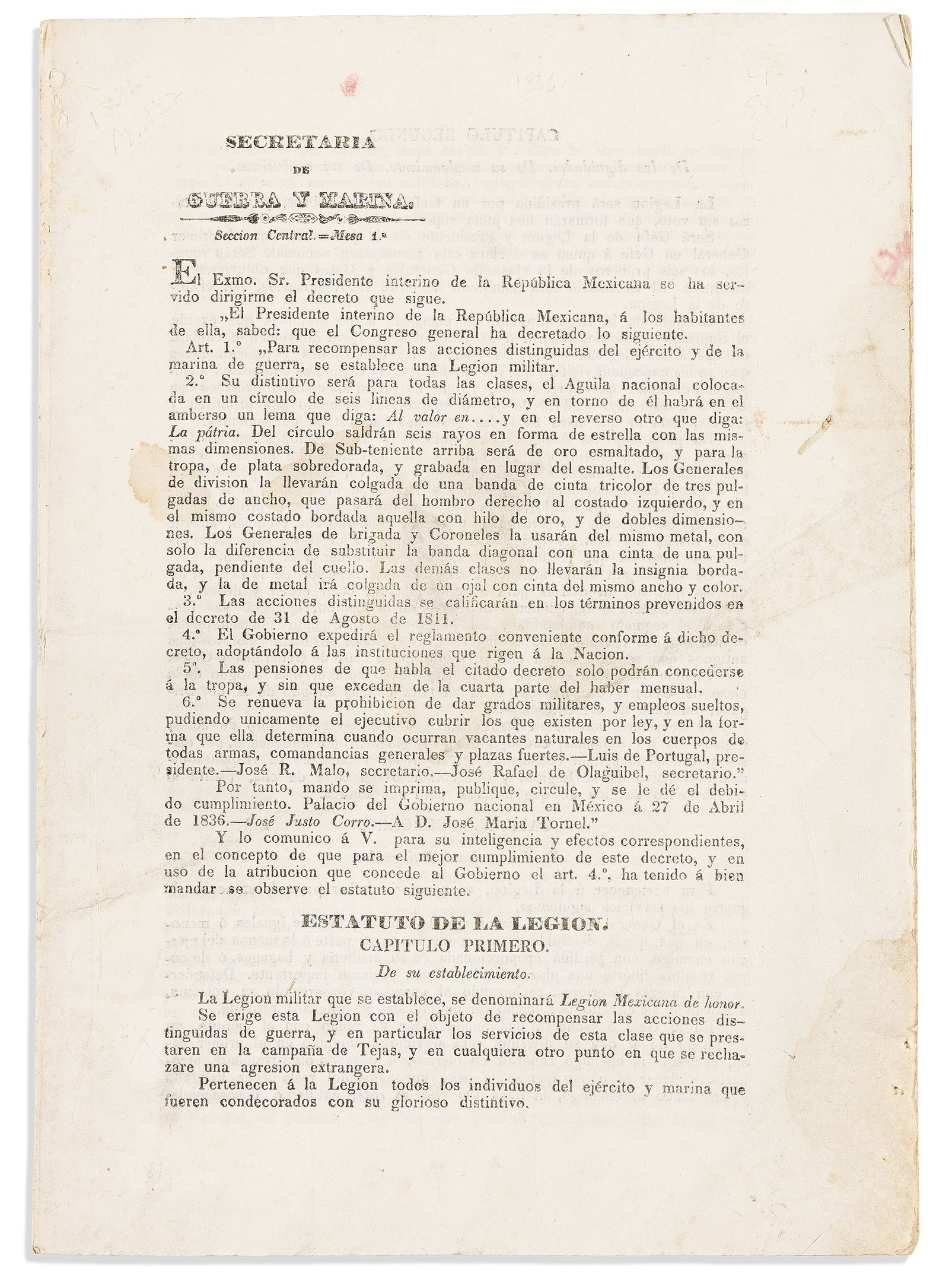 (MEXICO.) Order establishing the Legion Mexicana de Honor in the wake of the Alamo victory. Mexico,: Order establishing the Legion Mexicana de Honor in the wake of the Alamo victory. Mexico, 27 April 1836 8 printed pages, 12 x 8½ inches, issued by the Secretaria de Guerra y Marina signed in type