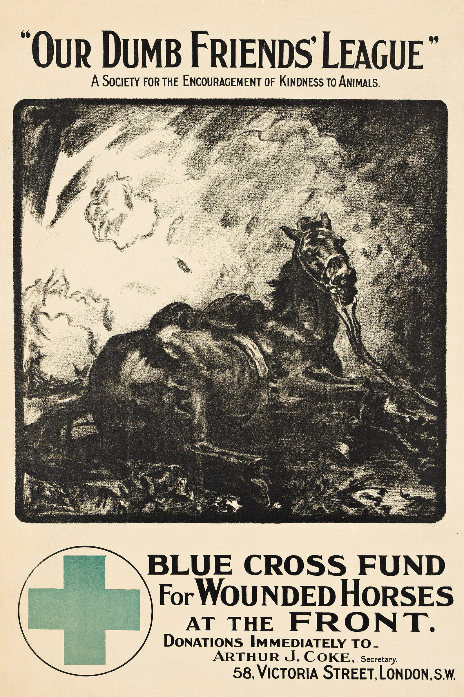 Designer Unknown, "Our Dumb Friends' League" / Blue Cross Fund for Wounded Horses. 1915. (1 of 1)