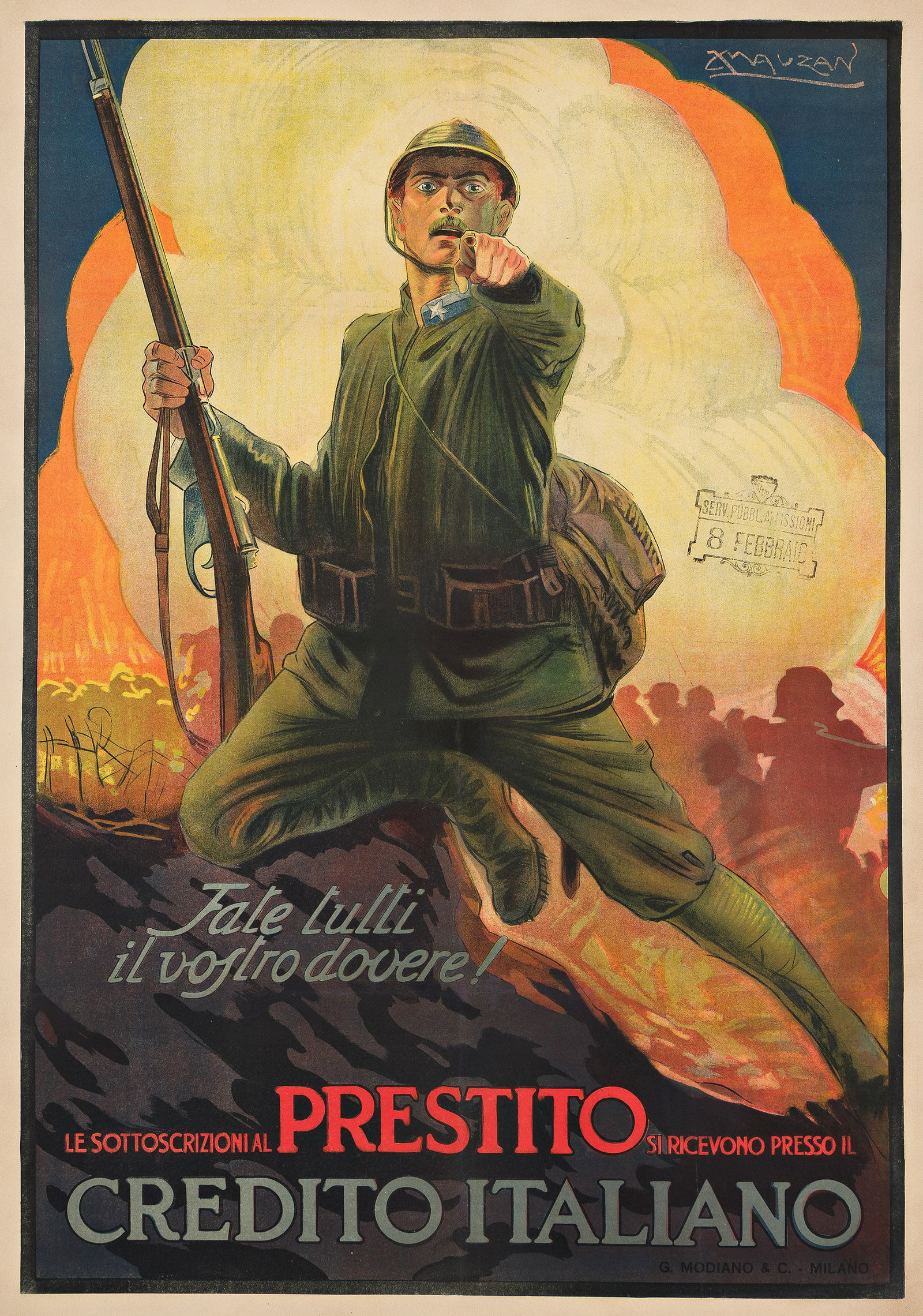 Luciano Achille Mauzan, Prestito / Credito Italiano. 1917.: Luciano Achille Mauzan 1883-1952 Prestito / Credito Italiano. 1917. Condition A-: creases, abrasions and overpainting in image and along horizontal and vertical folds. Preview On Your Wall Utilizing t