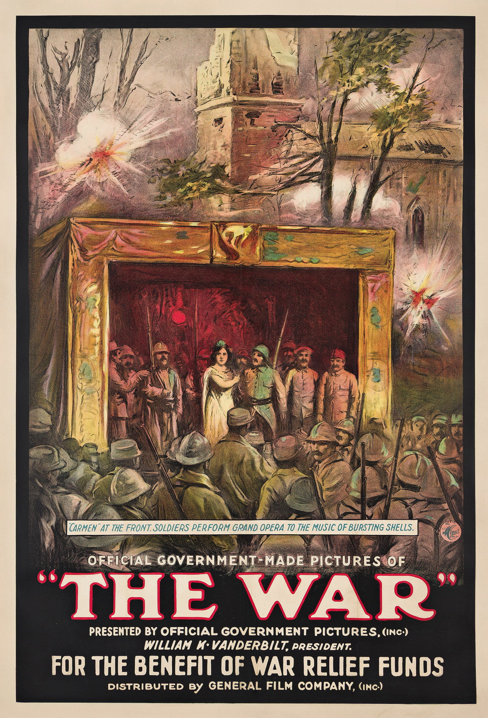 Designer Unknown, "The War" / For the Benefit of War Relief Funds. Circa 1917.: Designer Unknown "The War" / For the Benefit of War Relief Funds. Circa 1917. Condition A-: creases and overpainting along horizontal and vertical folds. 41x28¼ inches, 104¼x71¾ cm. The