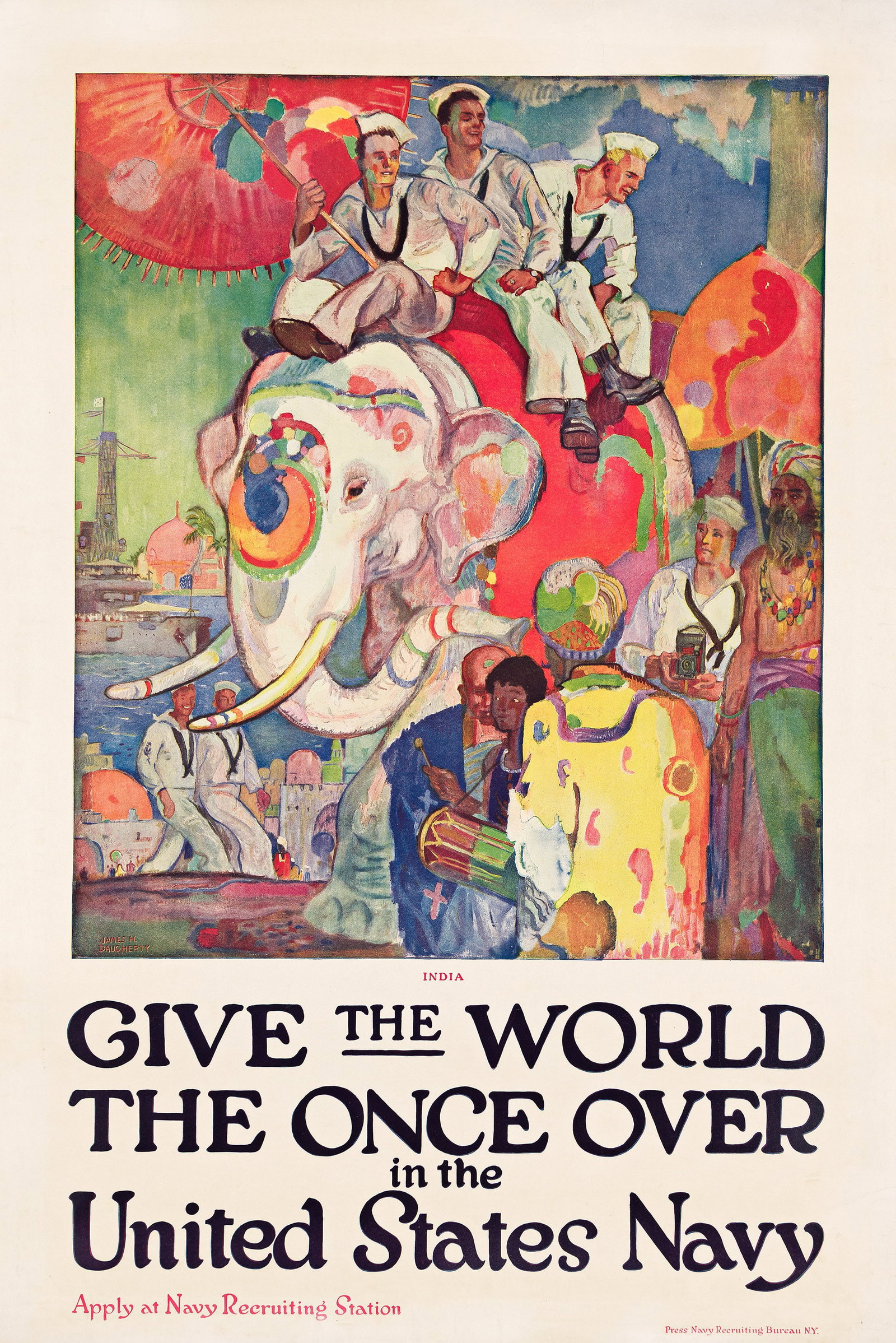 James H. Daugherty, Give the World the Once Over / India. 1919.: James H. Daugherty 1887-1974 Give the World the Once Over / India. 1919. Condition B: extensive repaired tear at top right through central right image; repaired tears, creases and abrasions in margins
