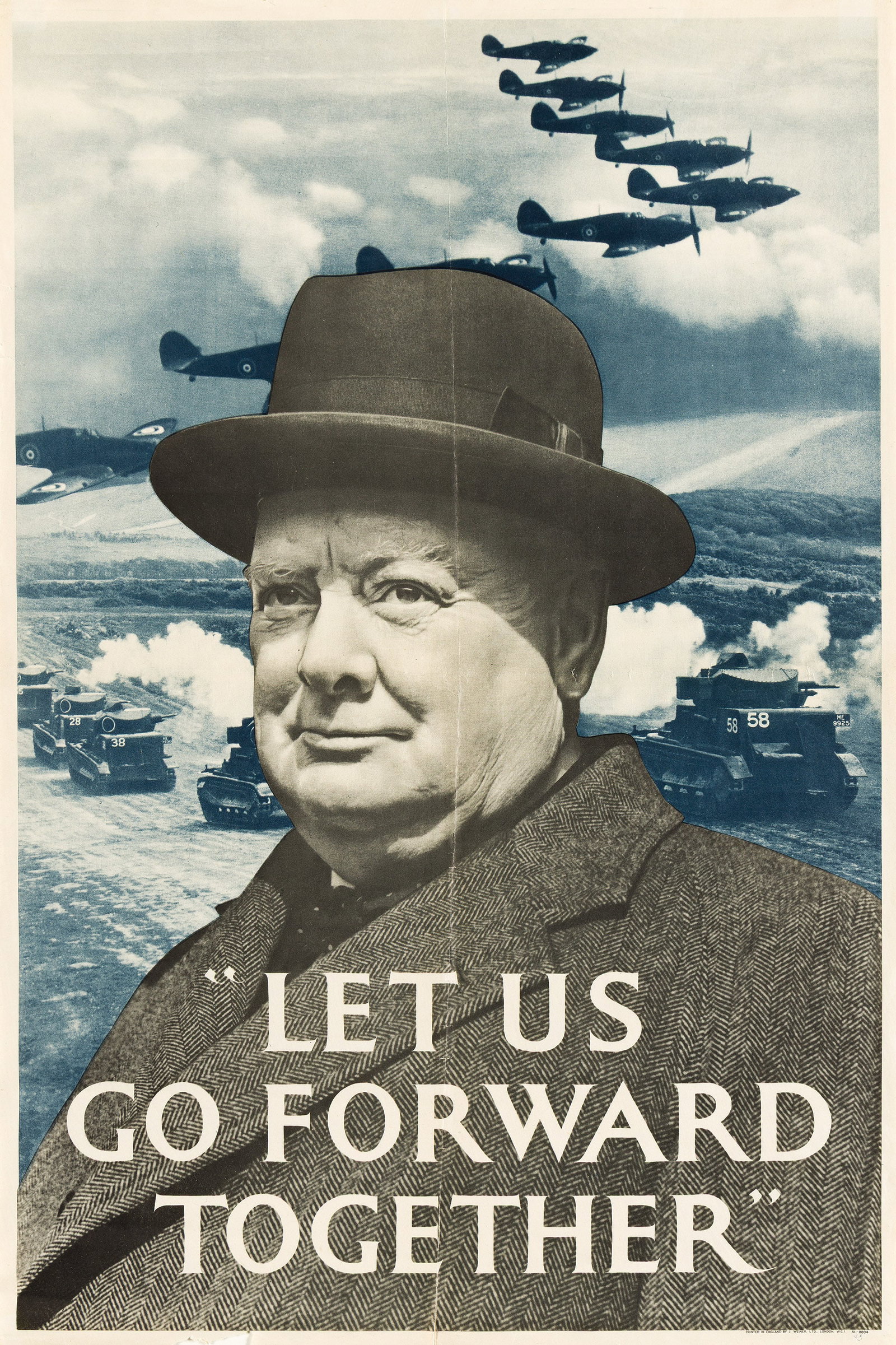 Designer Unknown, "Let Us Go Forward Together." 1940.: Designer Unknown "Let Us Go Forward Together." 1940. Condition B+: loss in bottom margin; creases and abrasions in margins and image and along vertical and horizontal folds; sharp pin holes in corners