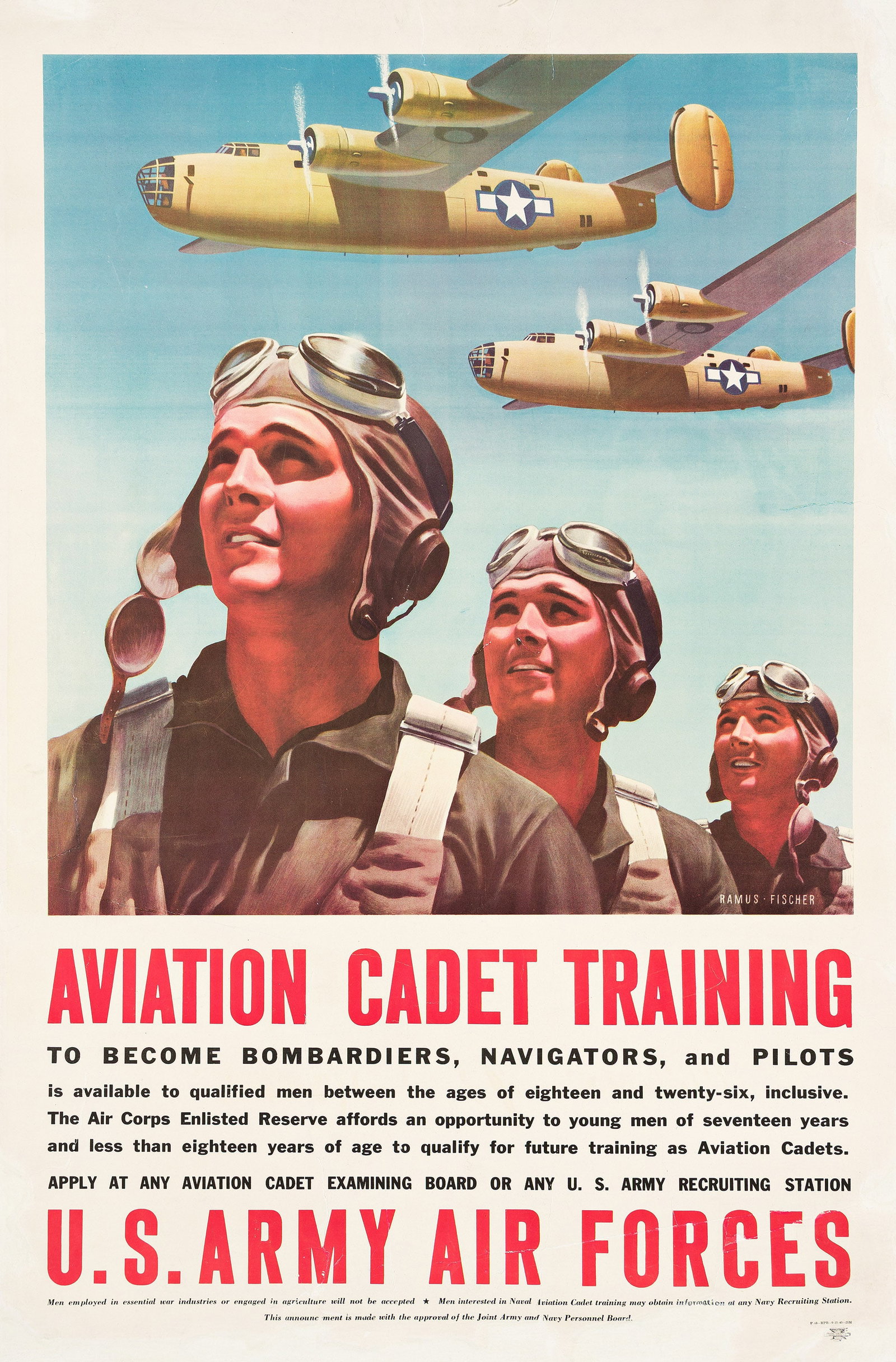 Ramus-Fischer (Michael Ramus & Anton Otto Fischer), Aviation Cadet Training / U.S. Army Air Forces.: Ramus-Fischer (Michael Ramus & Anton Otto Fischer) Aviation Cadet Training / U.S. Army Air Forces. 1943. Condition B-: extensive replaced losses and overpainting throughout margins; repaired tears