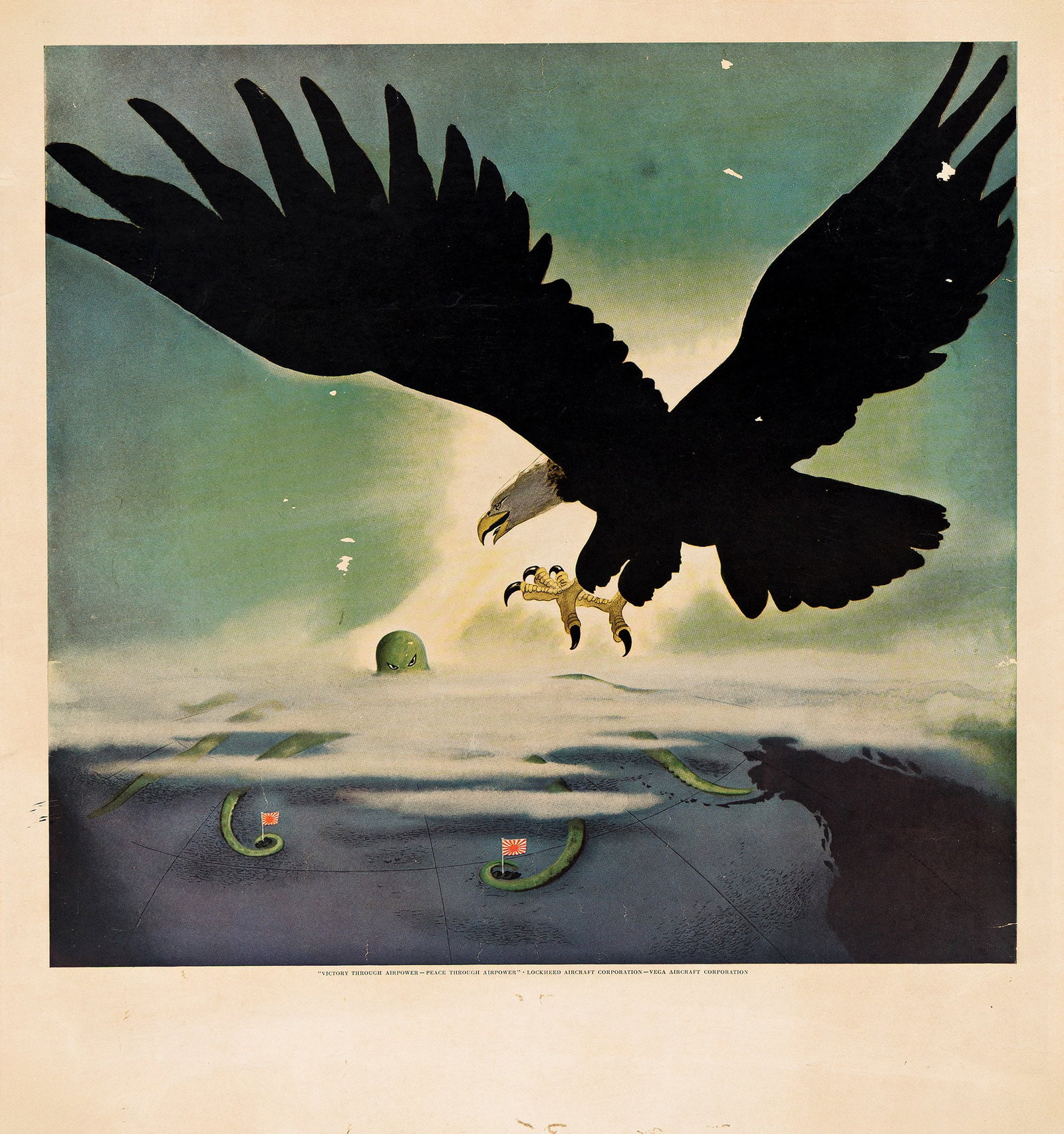 Walt Disney Productions, "Victory Through Airpower - Peace Through Airpower." Circa 1943.: Walt Disney Productions "Victory Through Airpower - Peace Through Airpower." Circa 1943. Condition B: creases and skinning in image; repaired tears, overpainting and minor staining in margins. This il