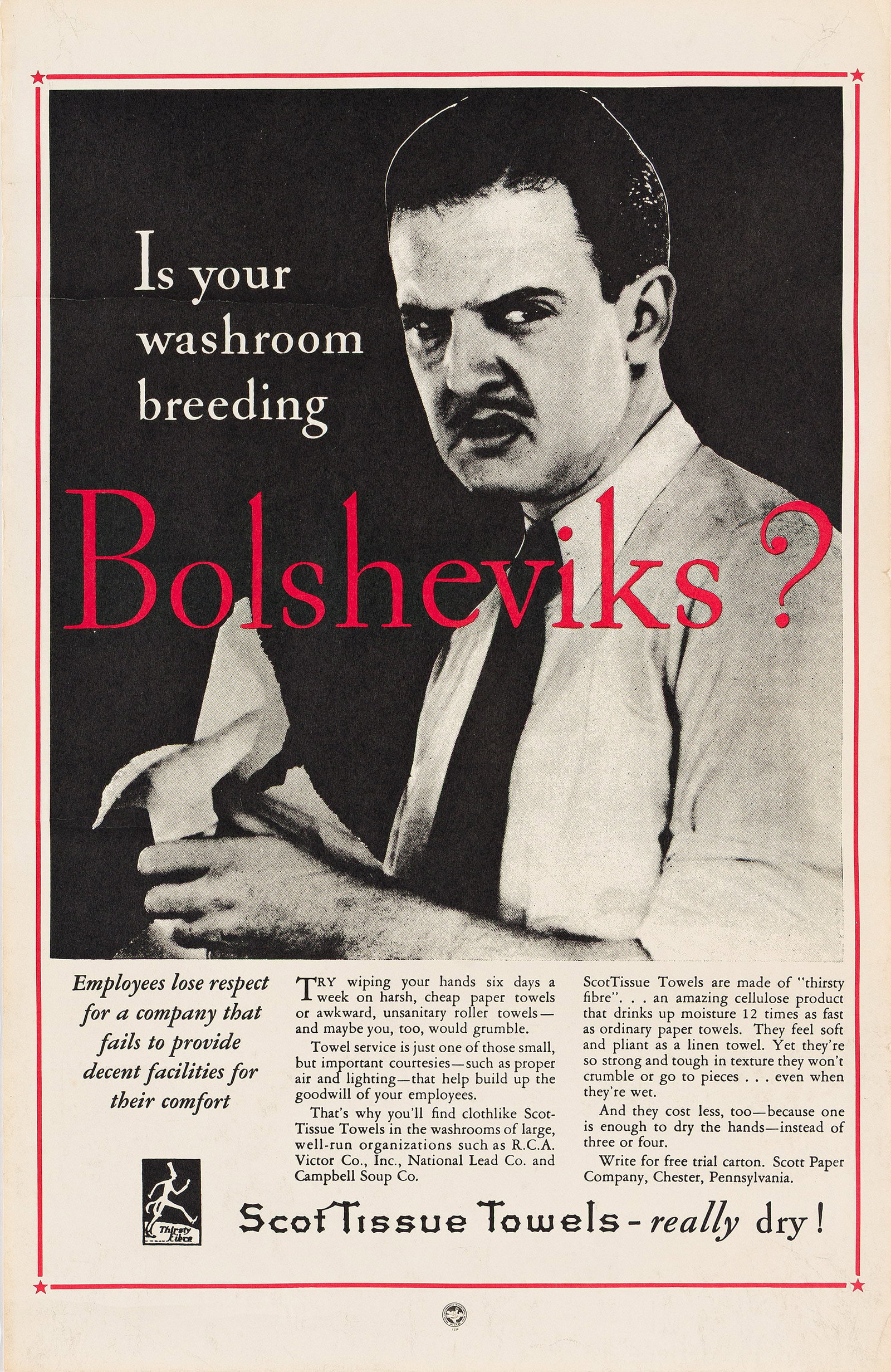 Designer Unknown, Is Your Washroom Breeding Bolsheviks? Circa 1931.: Designer Unknown Is Your Washroom Breeding Bolsheviks? Circa 1931. Condition A-: minor creases and scuffing in margins and image. Paper. 16¾x11 inches, 42½x28 cm.