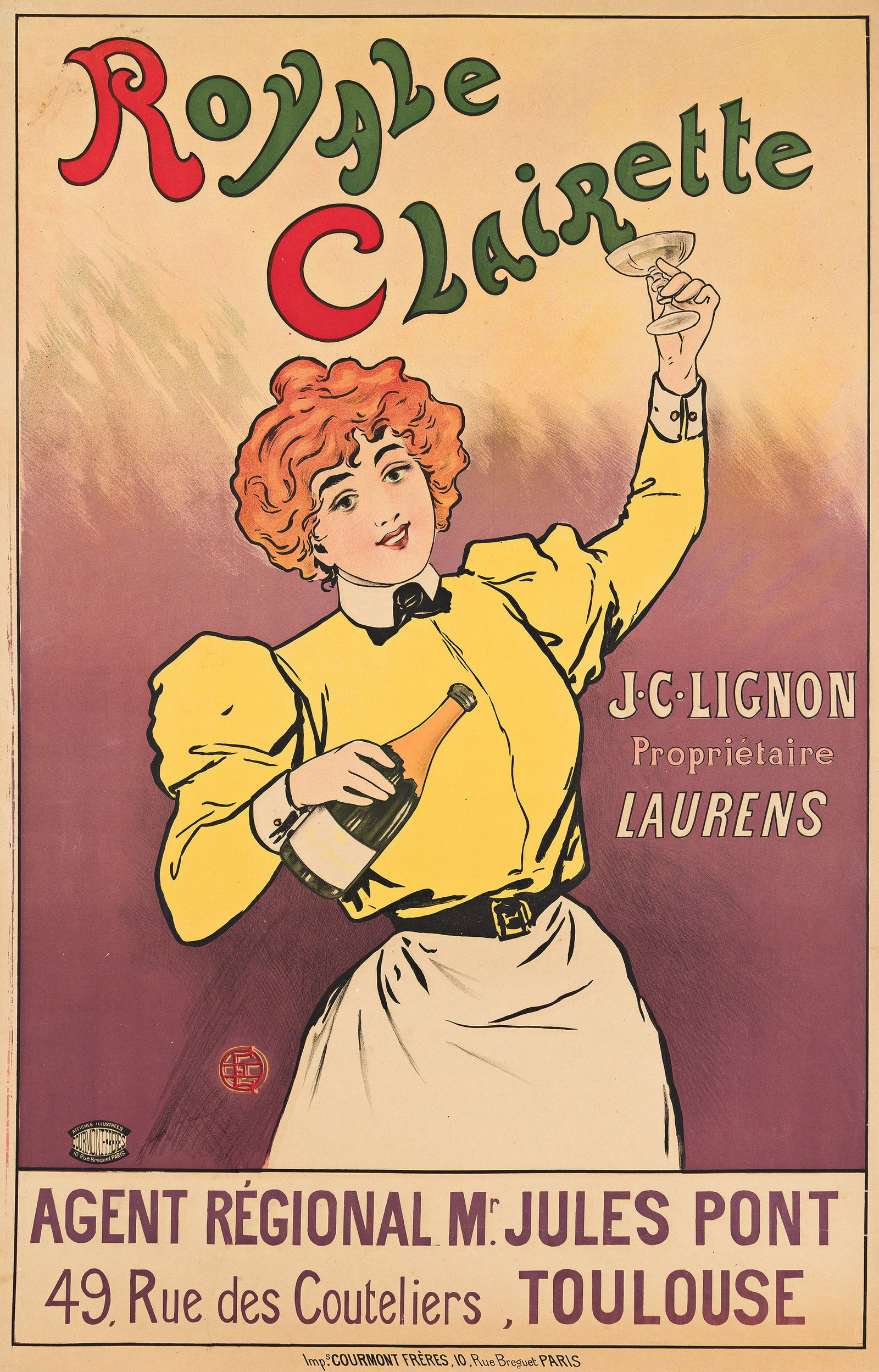 Designer Unknown, Royale Clairette. 1905.: Designer Unknown Royale Clairette. 1905. Condition B+: repaired tears, some through text and image; creases, abrasions and overpainting in text and image. 47½x30½ inches, 120¾x77½ 