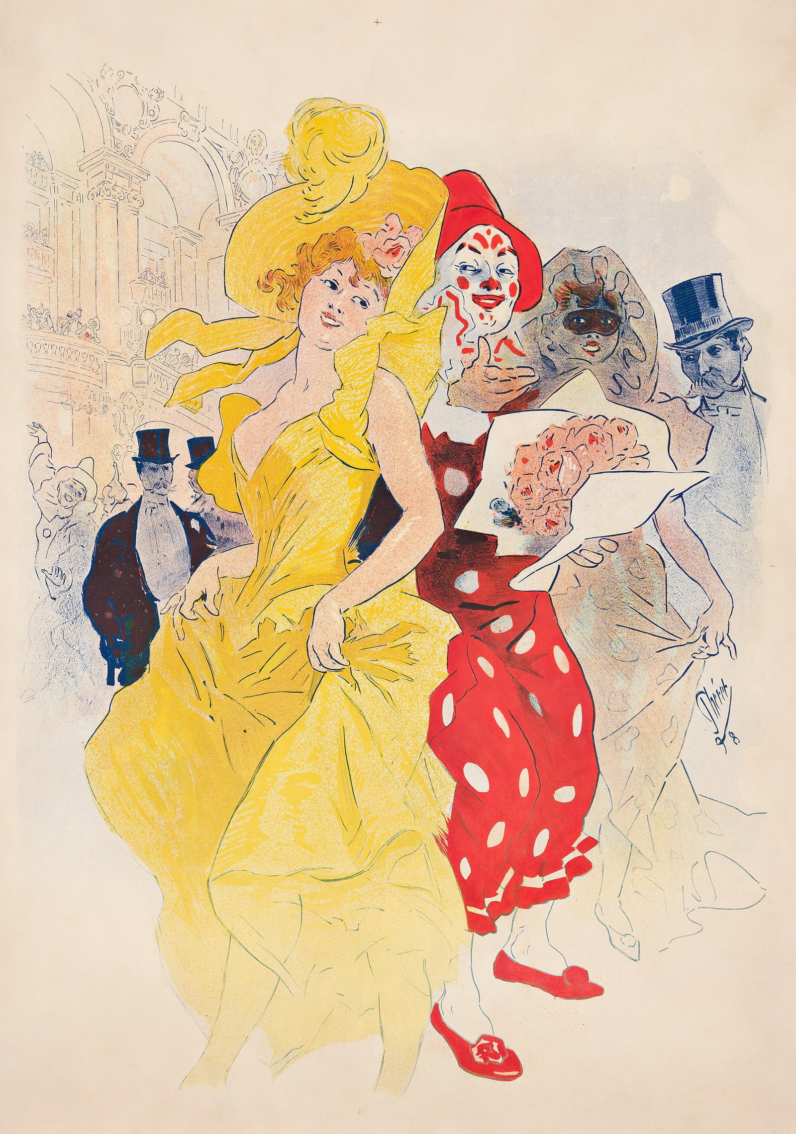 Jules Chéret, [Théâtre de l'Opéra / 1er Bal Masqué]. 1898.: Jules Chéret 1836-1932 [Théâtre de l'Opéra / 1er Bal Masqué]. 1898. Condition B+: expert overpainting in margins and background. This is the version before text. Cheret 388, B