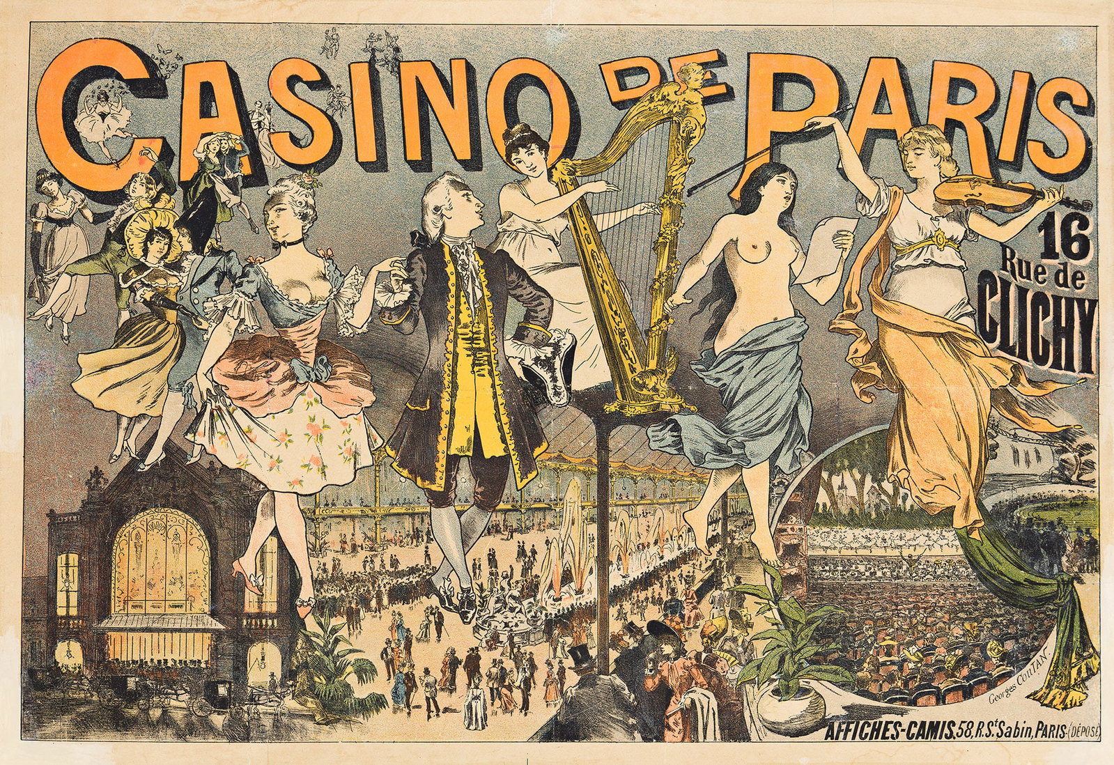 Georges Coutan, Casino De Paris. Circa 1890.: Georges Coutan 1853-1890 Casino De Paris. Circa 1890. Condition B-: replaced losses with mismatched overpainting and water stains in margins; repaired tears, creases and restoration in margins and ima