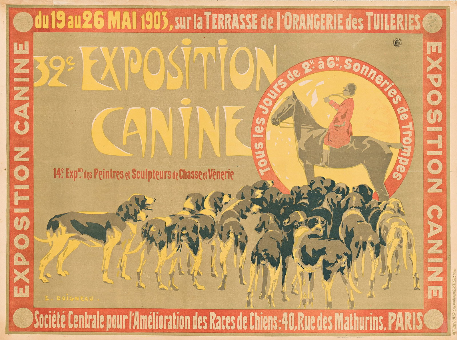 Édouard Doigneau, 32e Exposition Canine. 1903.: Édouard Doigneau 1865-1954 32e Exposition Canine. 1903. Condition B+ / B: replaced losses, creases and abrasions in upper left corner; repaired tears and abrasions in margins; creases, abrasions 