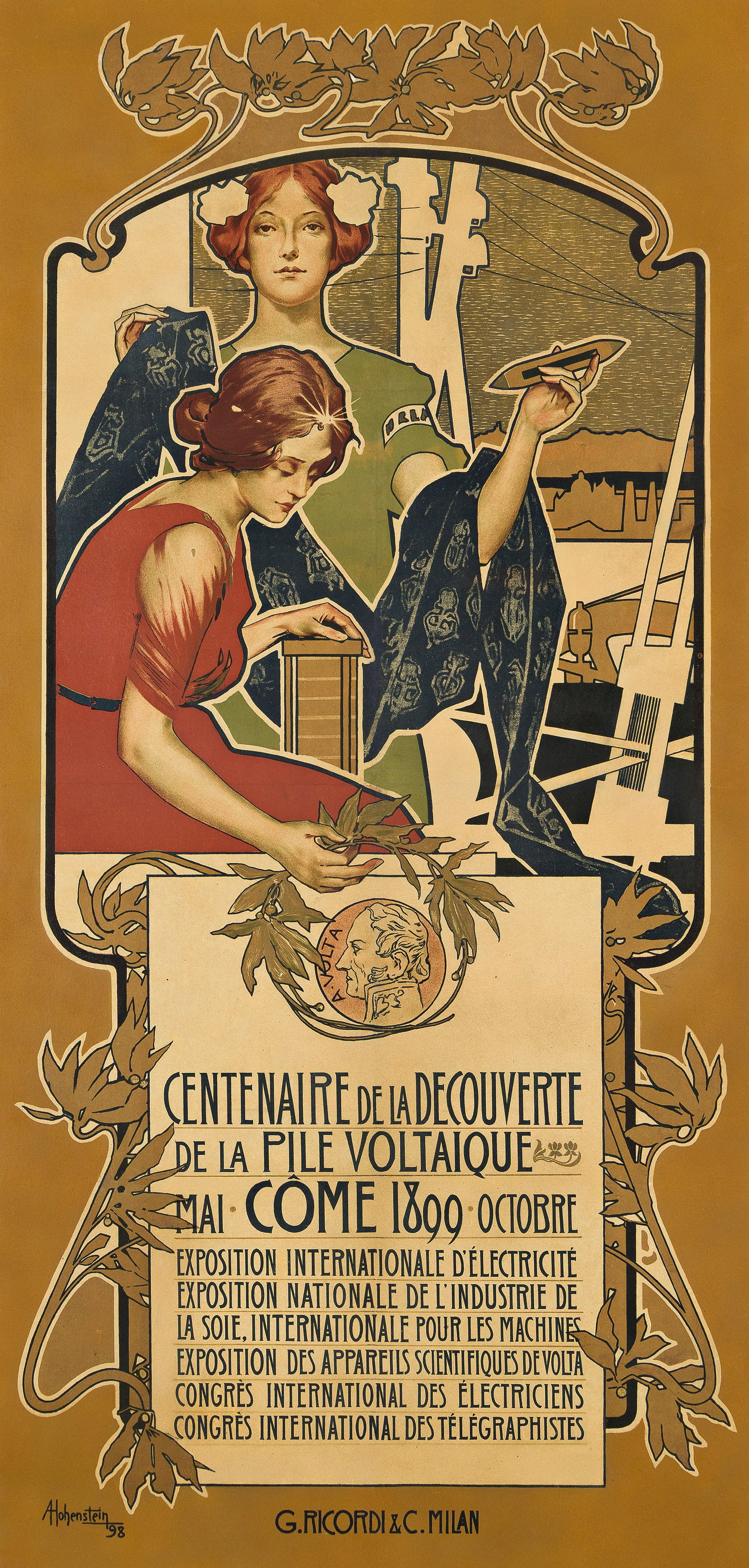 Adolfo Hohenstein, Centenaire de la Decouverte. 1899.: Adolfo Hohenstein 1854-1928 Centenaire de la Decouverte. 1899. Condition A-: creases in image; creases and overpainting along horizontal and vertical folds. Hohenstein employs his classic allegorical 