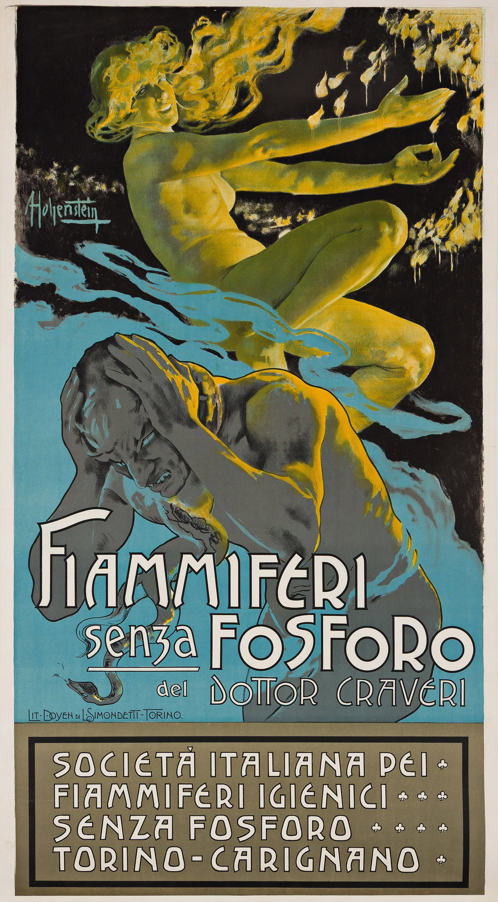 Adolfo Hohenstein, Fiammiferi Senza Fosforo. 1905.: Adolfo Hohenstein 1854-1928 Fiammiferi Senza Fosforo. 1905. Condition A-: expertly-replaced losses and overpainting in margins; minor restoration in image. Preview On Your Wall. Born in Russia to Germ