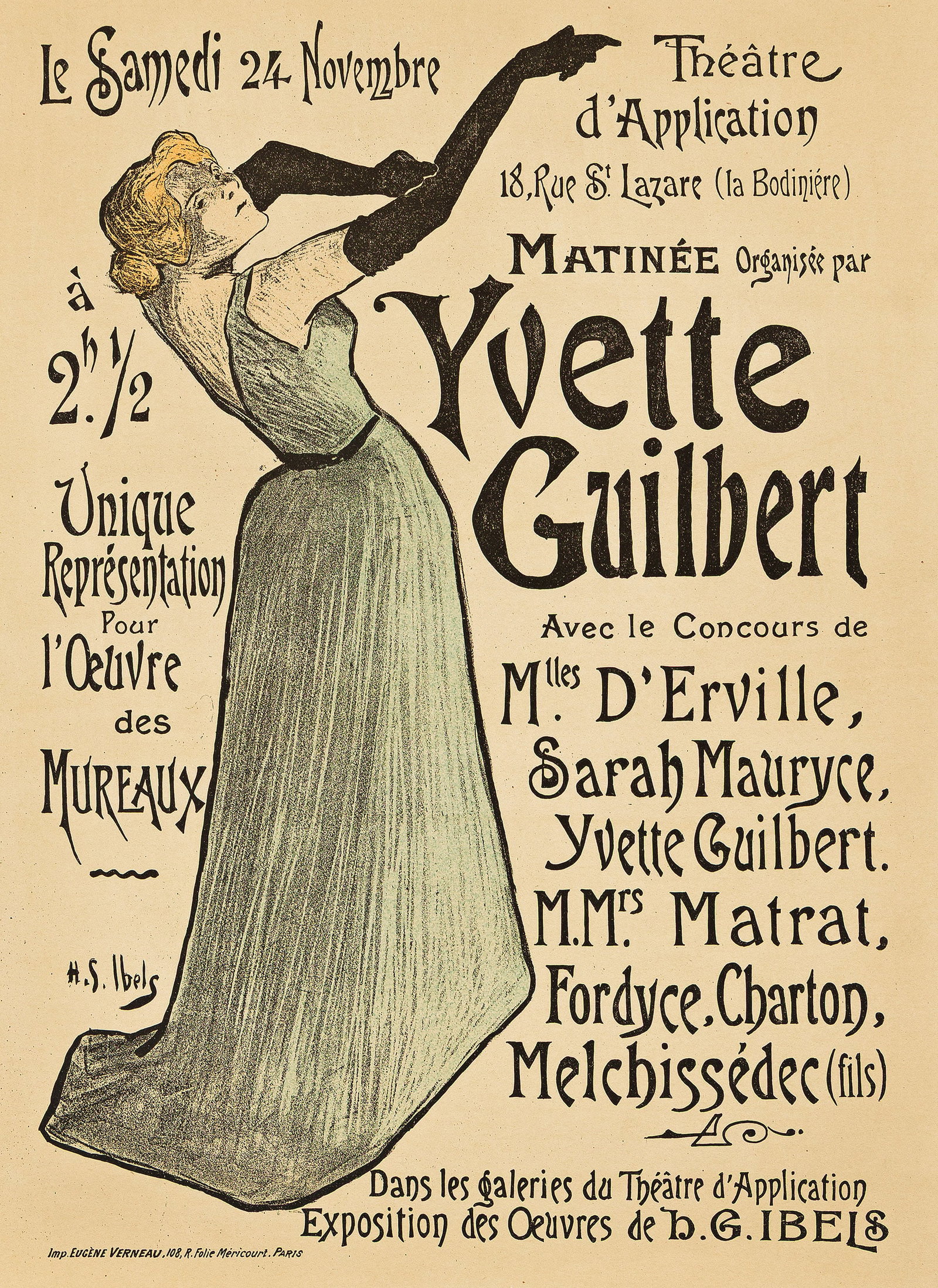 Henri Gabriel Ibels, Yvette Guilbert. 1894.: Henri Gabriel Ibels French, 1867-1936 Yvette Guilbert. 1894. Condition A / A-: minor losses at bottom edge. DFP-I 474, Reims 75. 24¼x17½ inches, 61½x44½ cm. Eugène Verneau, Pa