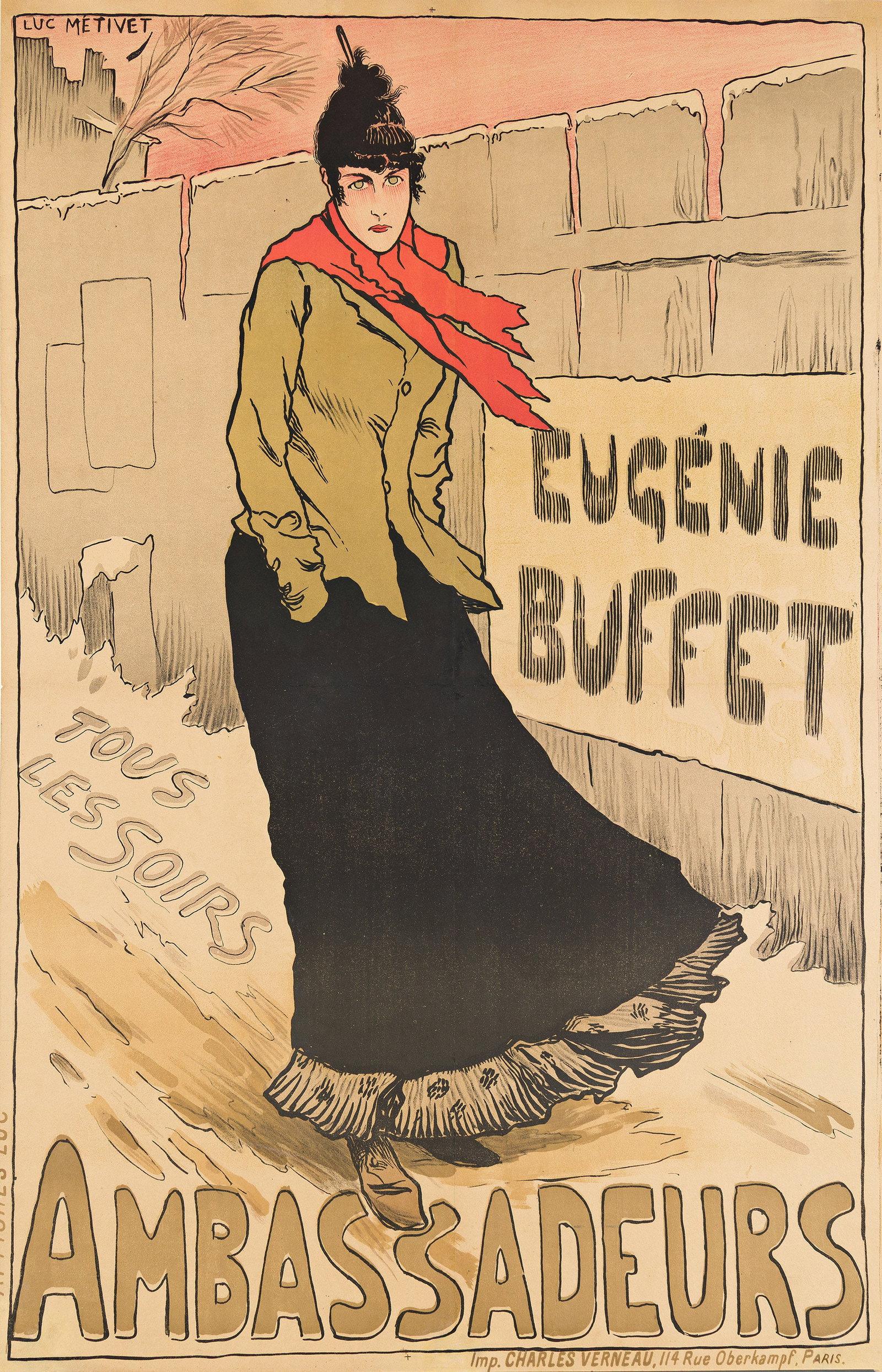 Lucien Métivet, Eugénie Buffet. 1893.: Lucien Métivet 1863-1932 Eugénie Buffet. 1893. Condition B+: repaired tears, creases and overpainting in margins and along vertical and horizontal folds; replaced losses in corners; linen tr
