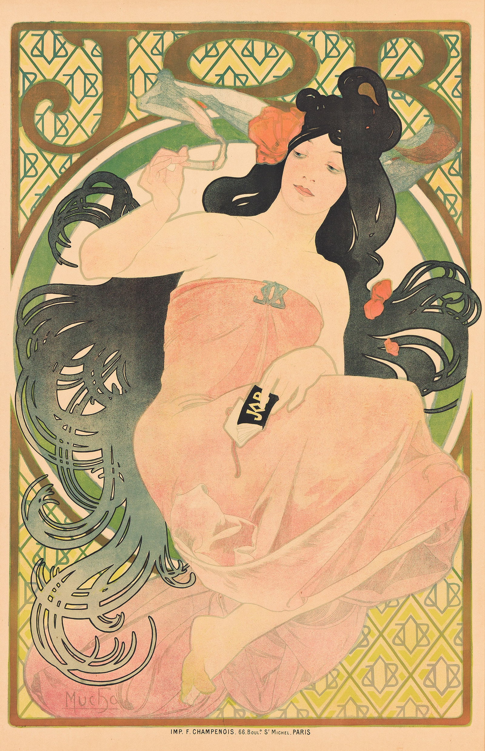 Alphonse Mucha, Job. 1898.: Alphonse Mucha 1860-1939 Job. 1898. Condition A- / A: minor creases and staining in image. Framed. Mucha's second poster for Job, completed two years after the first, is one of his best advertising pi